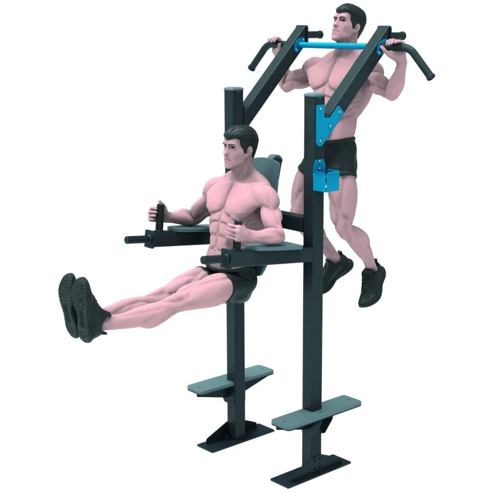 Athletes performing chin-ups and leg raises on a multifunction outdoor fitness station — durable construction and professional biomechanics ideal for safe public use.