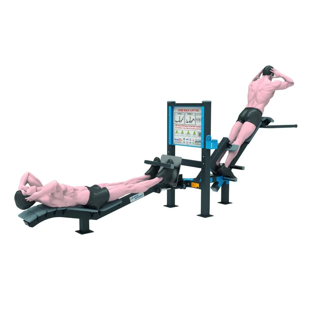Athletes performing sit-ups and reverse sit-ups on an outdoor core rack — professional biomechanics and durable outdoor-grade materials suitable for public fitness areas.