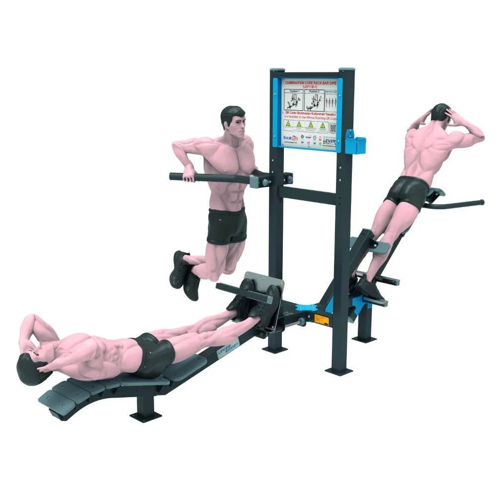 Athletes demonstrating abdominal crunches, bar dips, and back-extension exercises on the outdoor Core Rack and Dip training station.