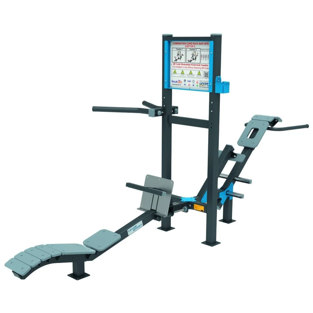 Outdoor multifunction Core Rack and Dip training station with decline bench, dip bars, and back-extension platform for abdominal, core, and upper-body workouts.