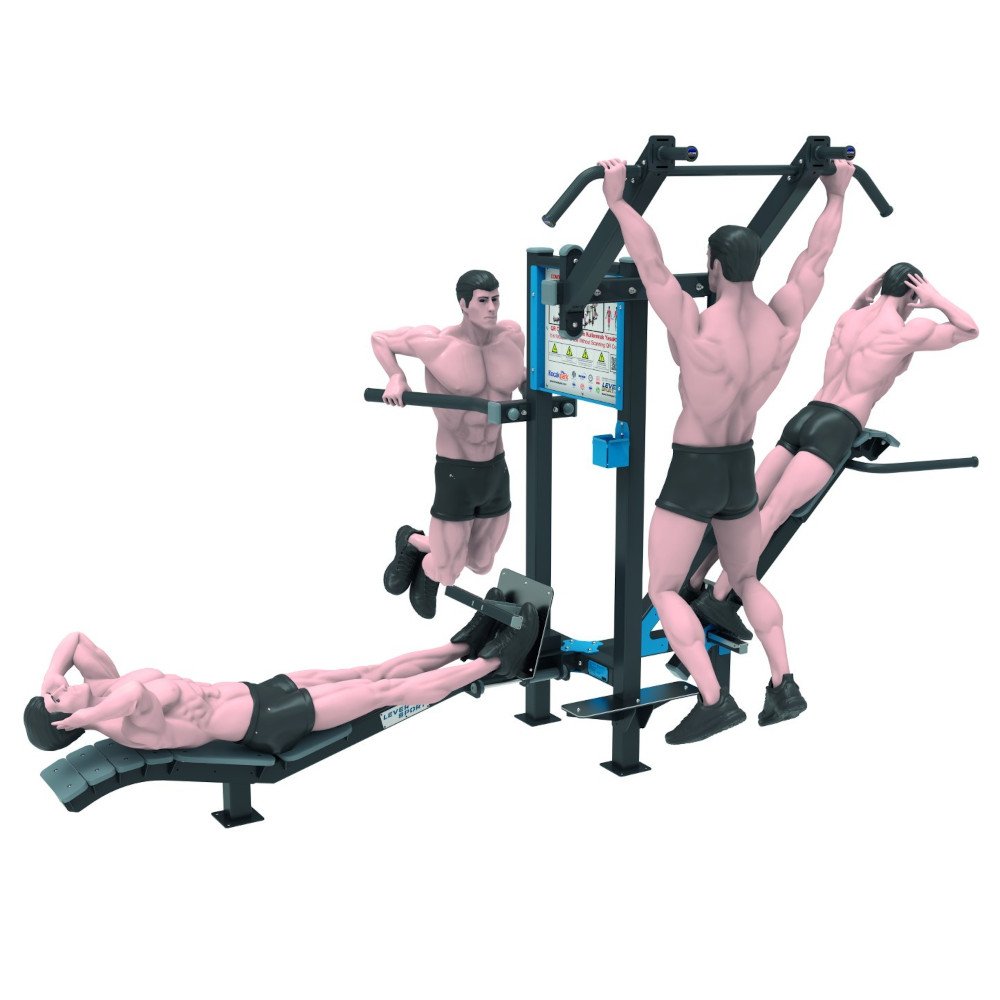 Athletes using an outdoor Core Rack Dip and Chin Up station performing sit-ups, bar dips, and chin-ups on a multifunction calisthenics training machine.