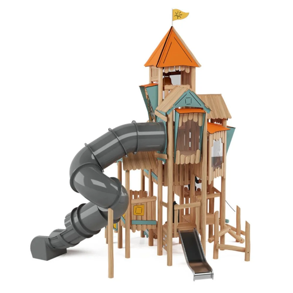 Wooden Robinio Town Hall playground tower with spiral tube slide and multi-level platforms