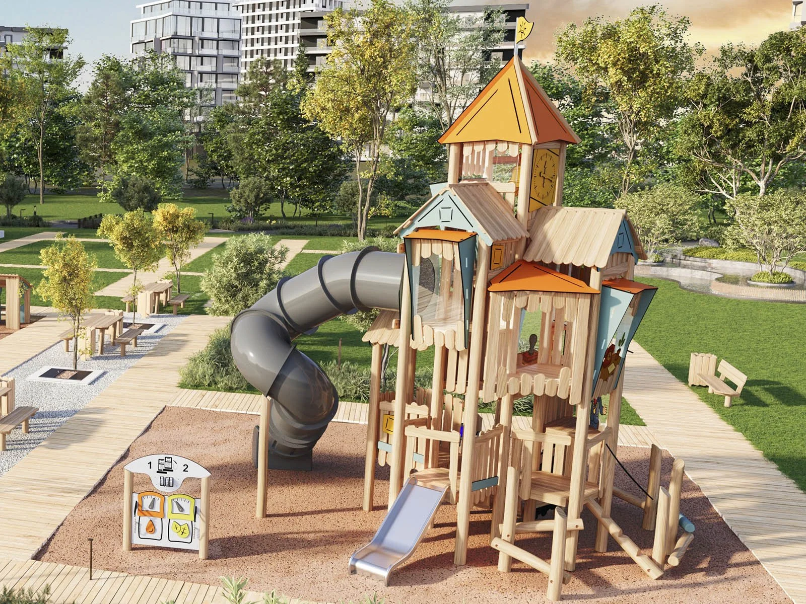 Wooden Robinio Town Hall playground with spiral slide installed in city park