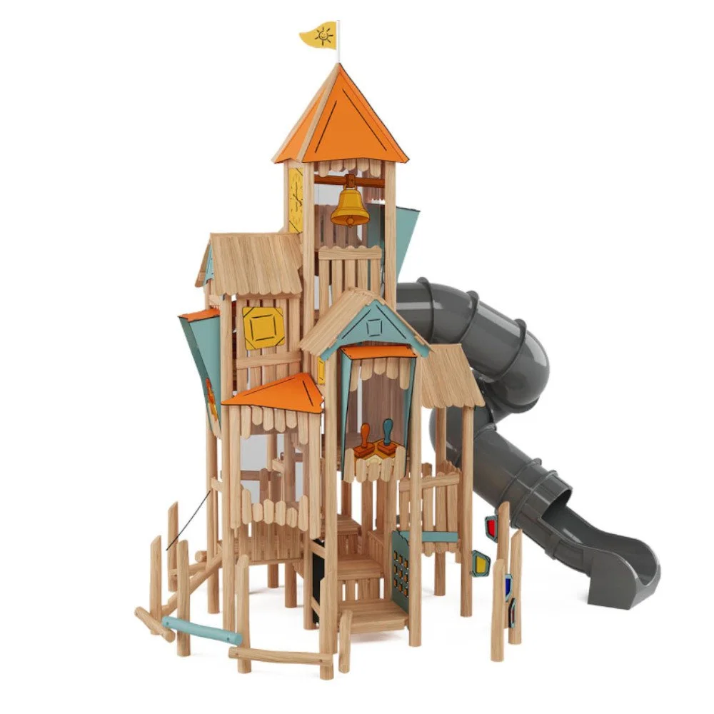 Wooden Robinio Town Hall playground tower with spiral tube slide and multi-level platforms