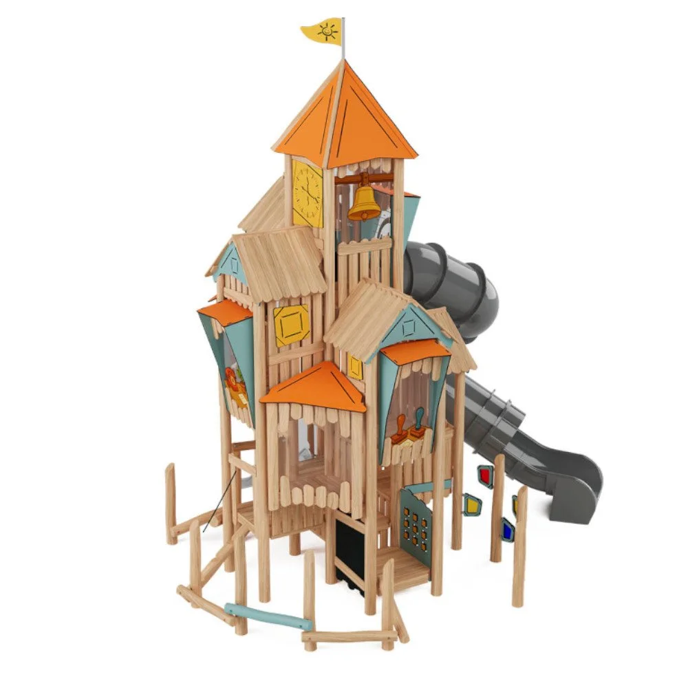 Wooden Robinio Town Hall playground tower with spiral tube slide and multi-level platforms