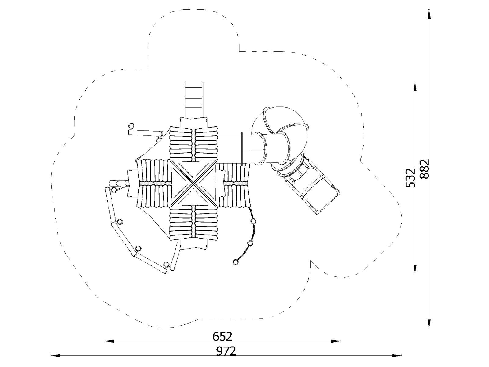 Playground layout drawing with dimensions and safety zone