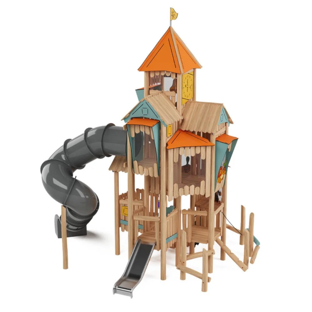 Wooden Robinio Town Hall playground tower with spiral tube slide and multi-level platforms