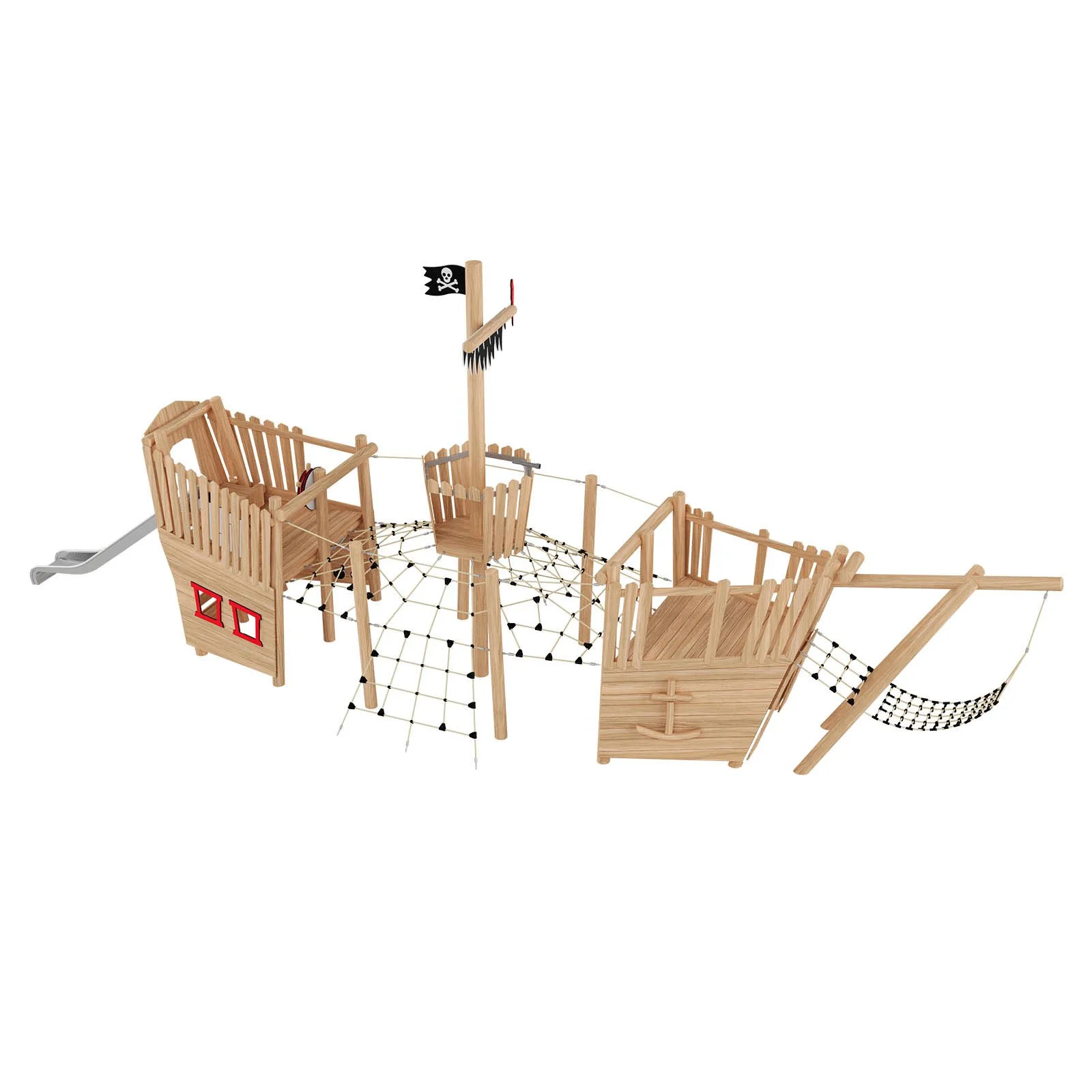 Pirate-themed Blackbeard’s Ship playground structure for public spaces, ages 3–14, up to 30 users, stainless steel and robinia wood construction
