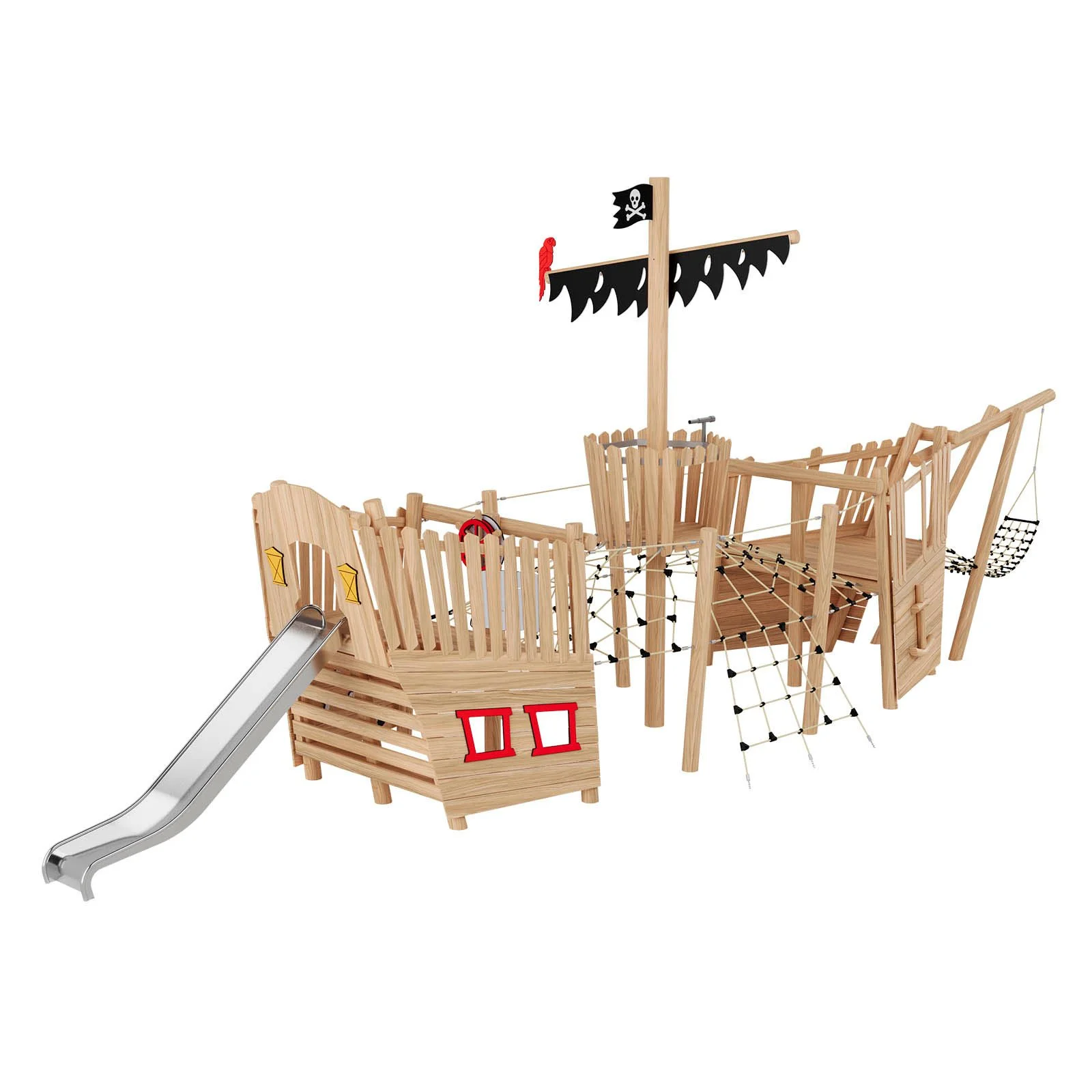 Pirate-themed Blackbeard’s Ship playground structure for public spaces, ages 3–14, up to 30 users, stainless steel and robinia wood construction