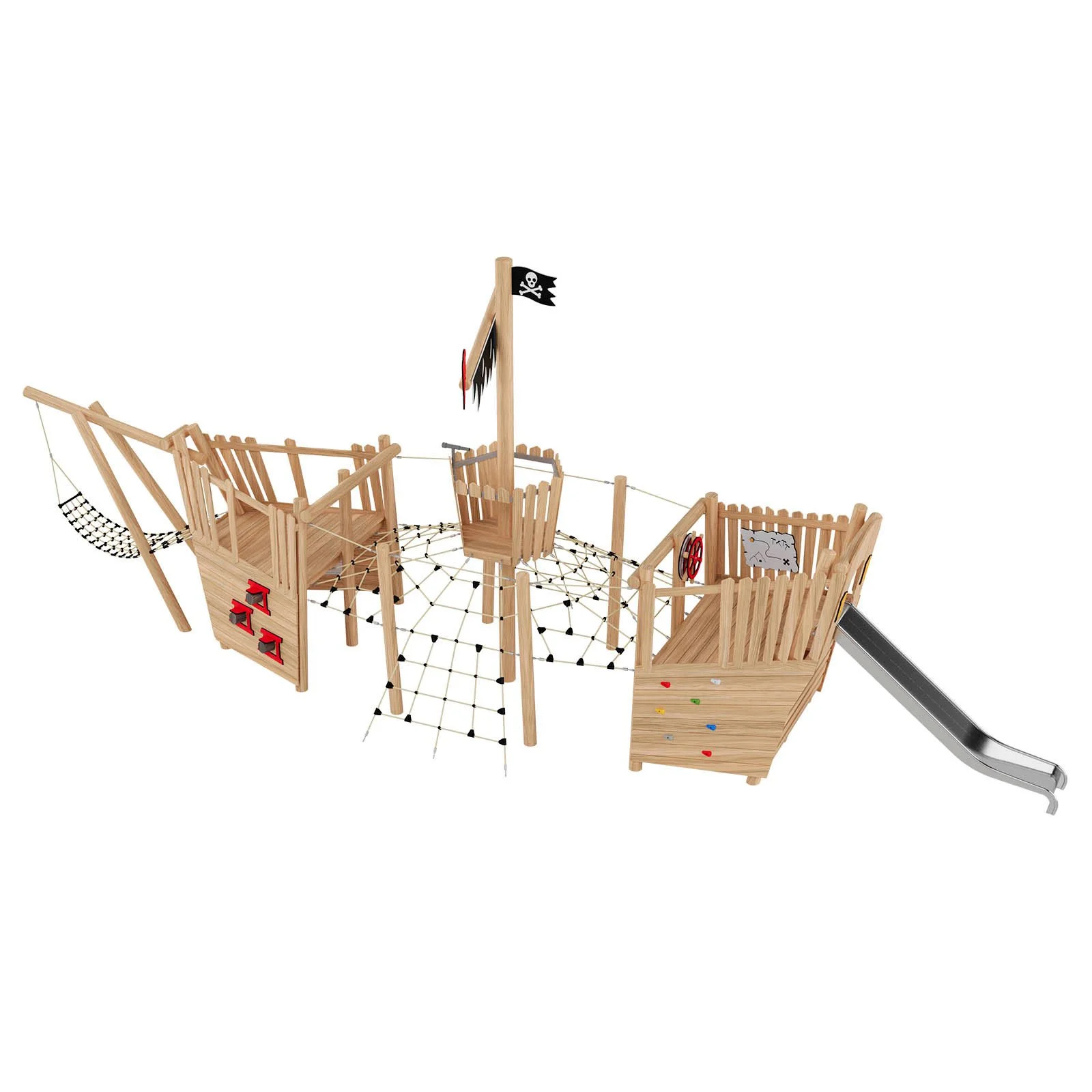 Pirate-themed Blackbeard’s Ship playground structure for public spaces, ages 3–14, up to 30 users, stainless steel and robinia wood construction