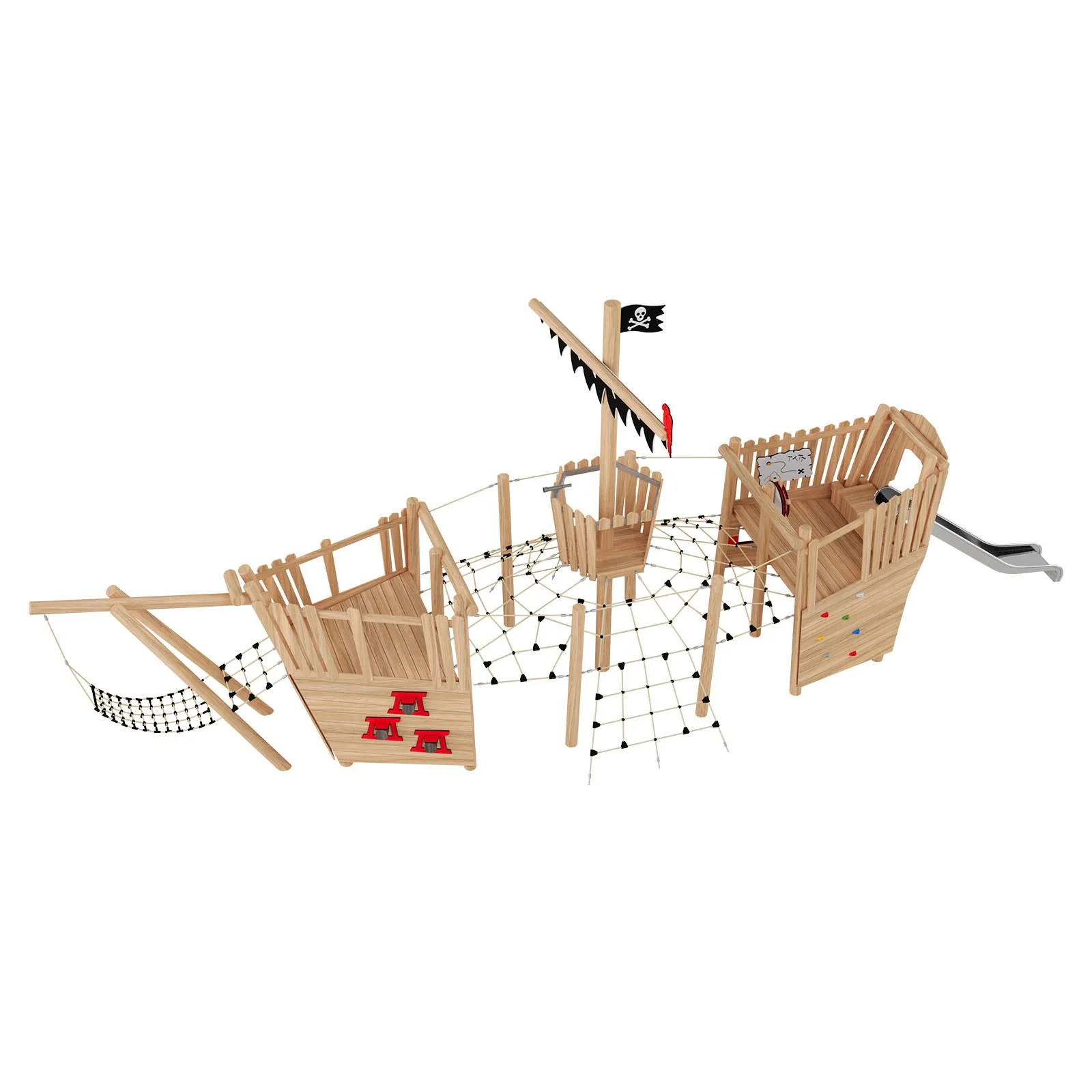Pirate-themed Blackbeard’s Ship playground structure for public spaces, ages 3–14, up to 30 users, stainless steel and robinia wood construction