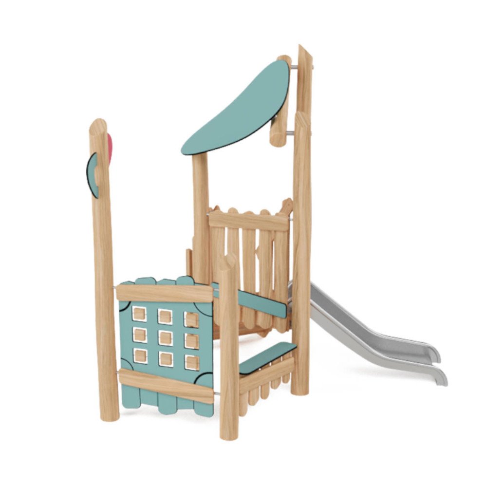 Compact Robinio Set 1 playground structure for ages 1–7, suitable for public spaces, stainless steel slide, robinia wood construction