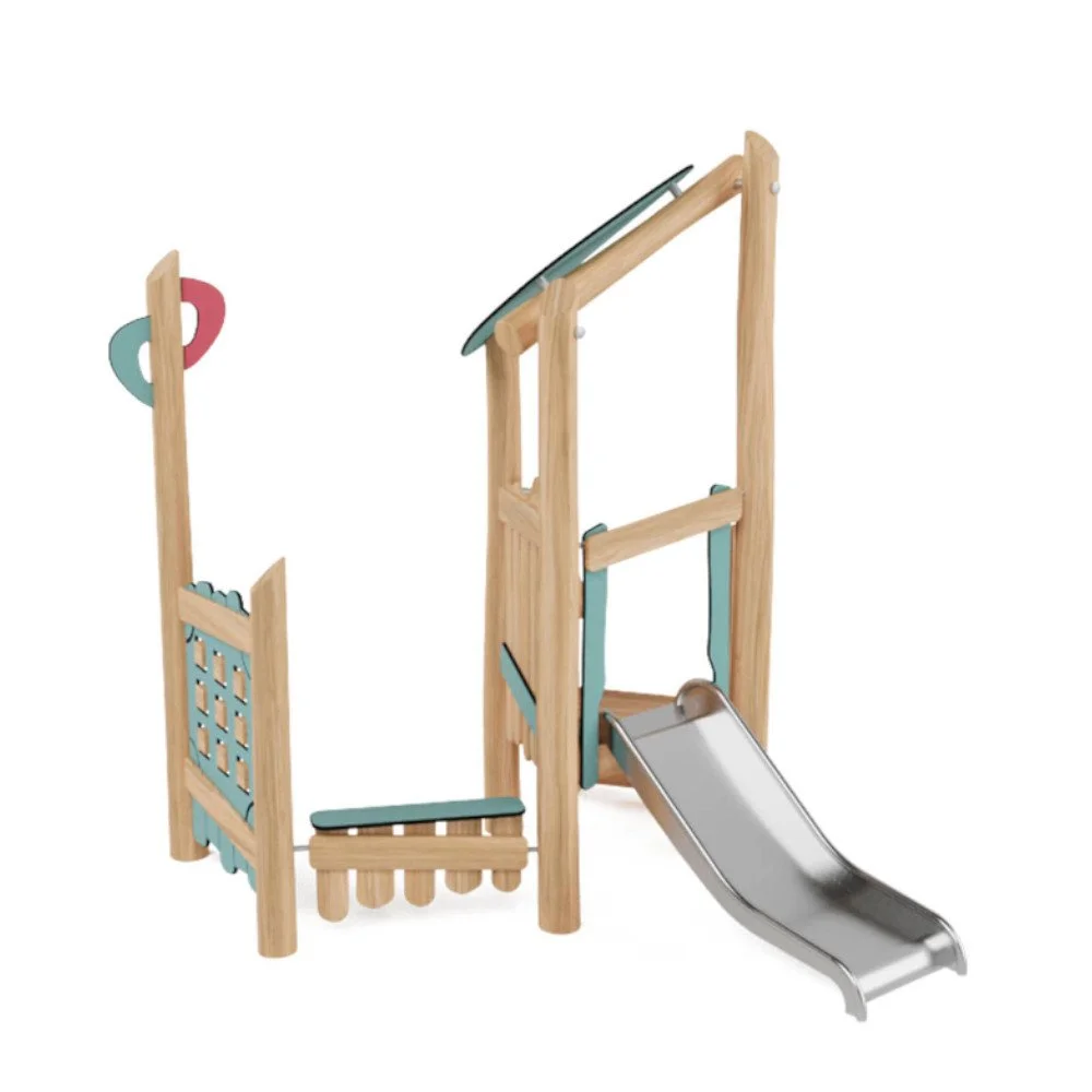 Compact Robinio Set 1 playground structure for ages 1–7, suitable for public spaces, stainless steel slide, robinia wood construction