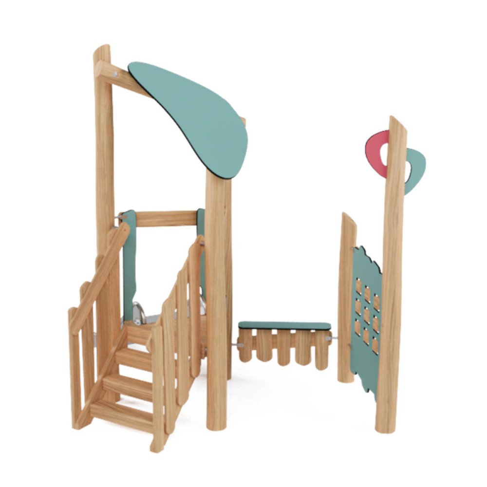 Compact Robinio Set 1 playground structure for ages 1–7, suitable for public spaces, stainless steel slide, robinia wood construction