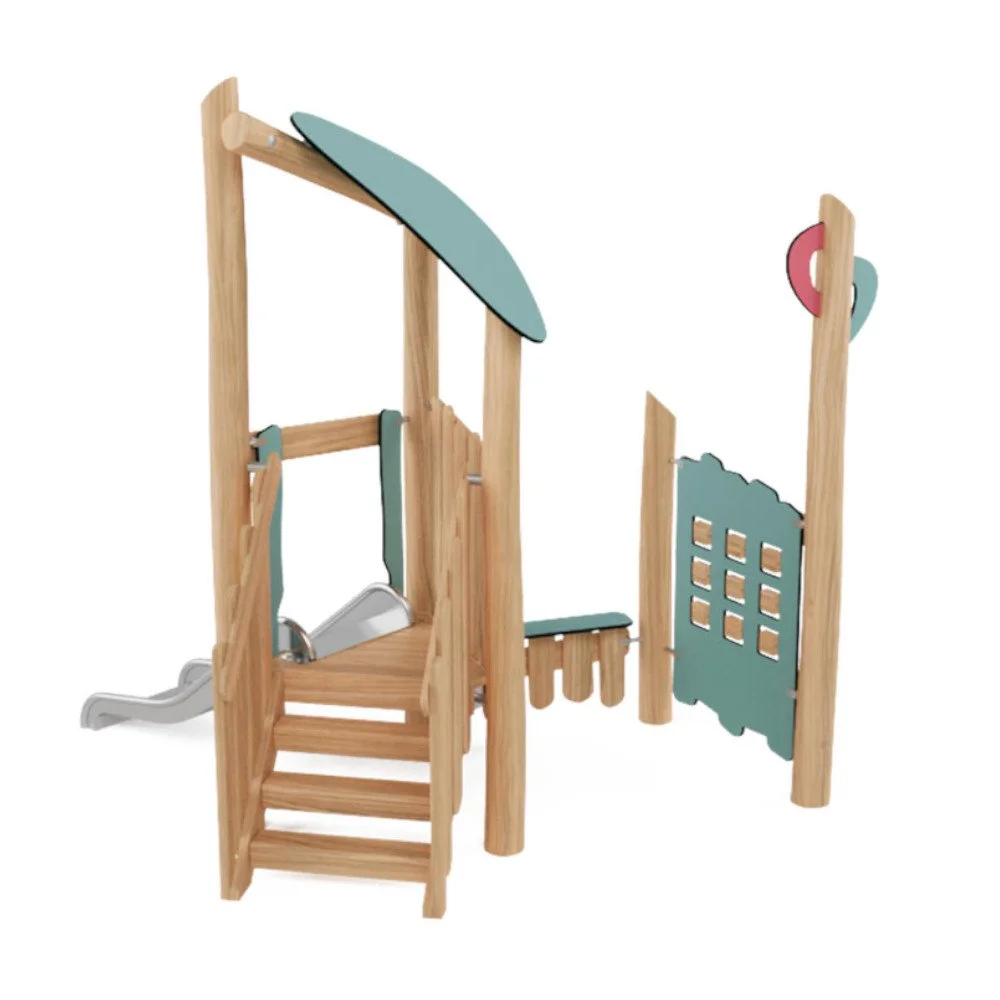 Compact Robinio Set 1 playground structure for ages 1–7, suitable for public spaces, stainless steel slide, robinia wood construction