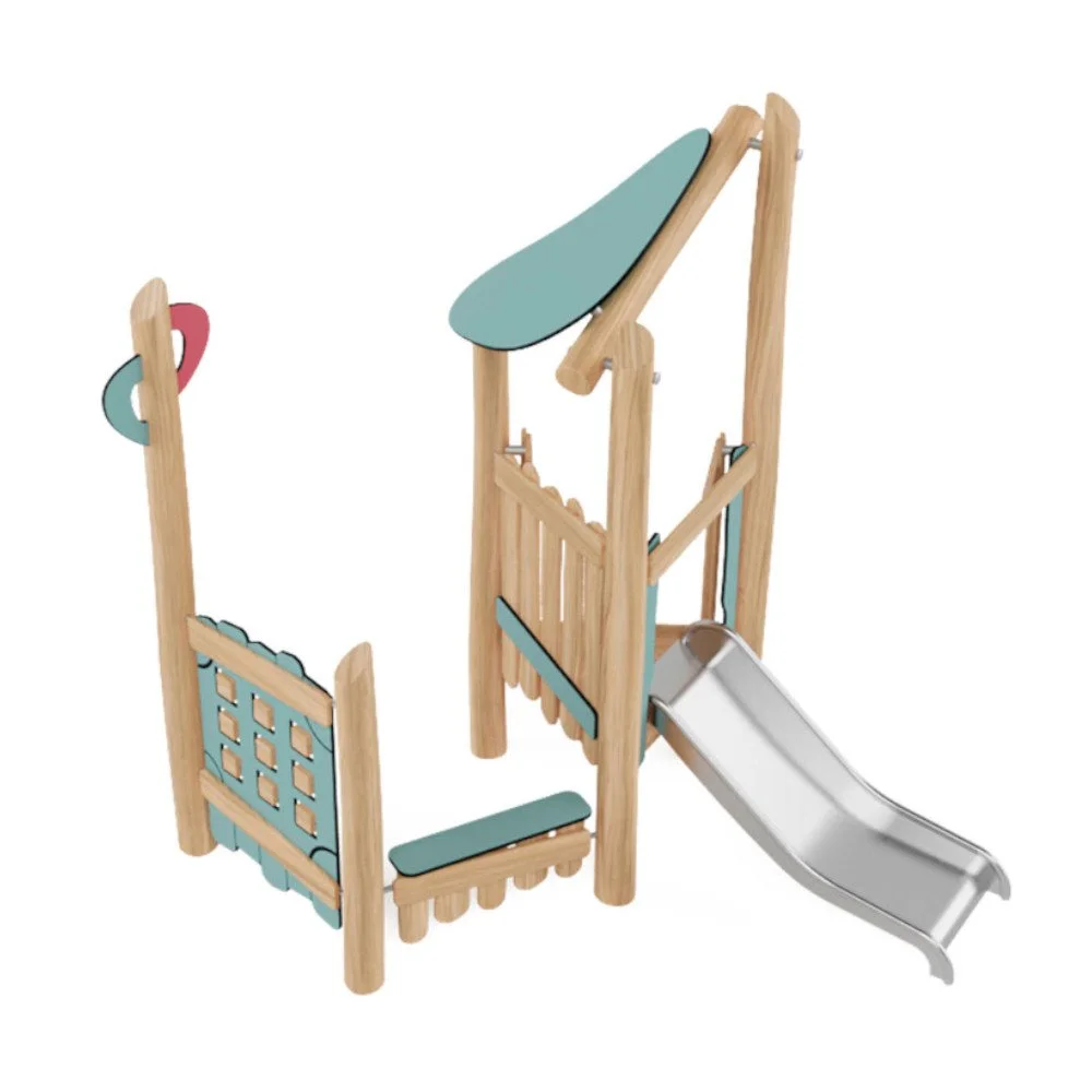 Compact Robinio Set 1 playground structure for ages 1–7, suitable for public spaces, stainless steel slide, robinia wood construction