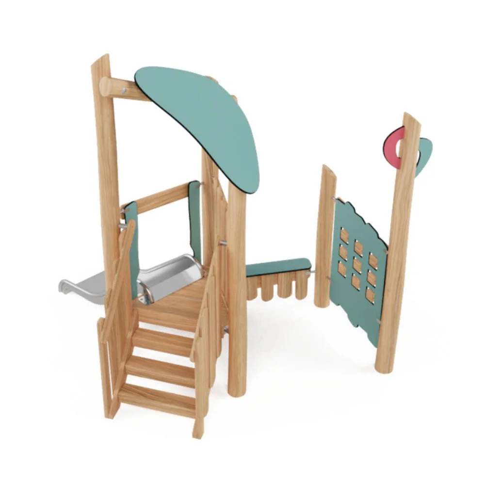 Compact Robinio Set 1 playground structure for ages 1–7, suitable for public spaces, stainless steel slide, robinia wood construction