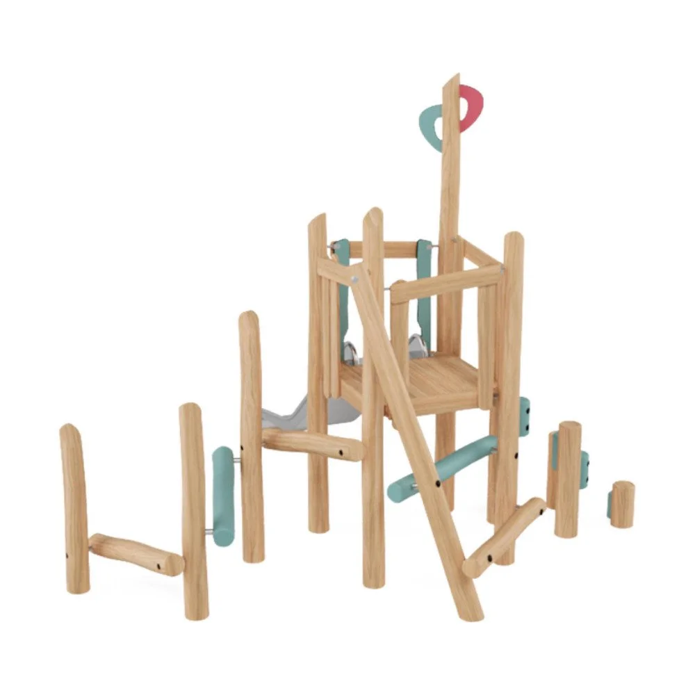 Robinio Set 2 playground structure for ages 3–14, suitable for public spaces, with multiple climbing entrances, stainless steel slide, robinia wood