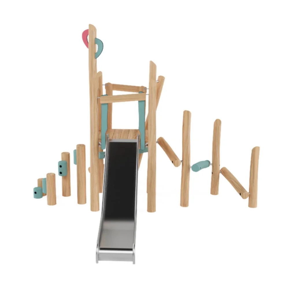 Robinio Set 2 playground structure for ages 3–14, suitable for public spaces, with multiple climbing entrances, stainless steel slide, robinia wood