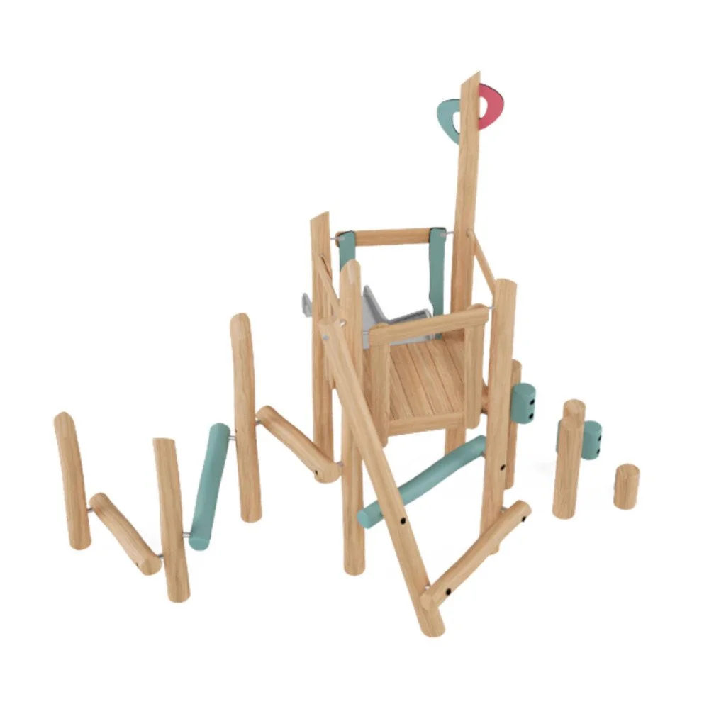 Robinio Set 2 playground structure for ages 3–14, suitable for public spaces, with multiple climbing entrances, stainless steel slide, robinia wood