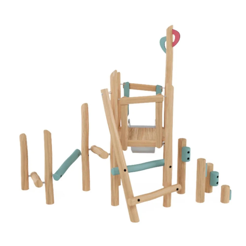 Robinio Set 2 playground structure for ages 3–14, suitable for public spaces, with multiple climbing entrances, stainless steel slide, robinia wood