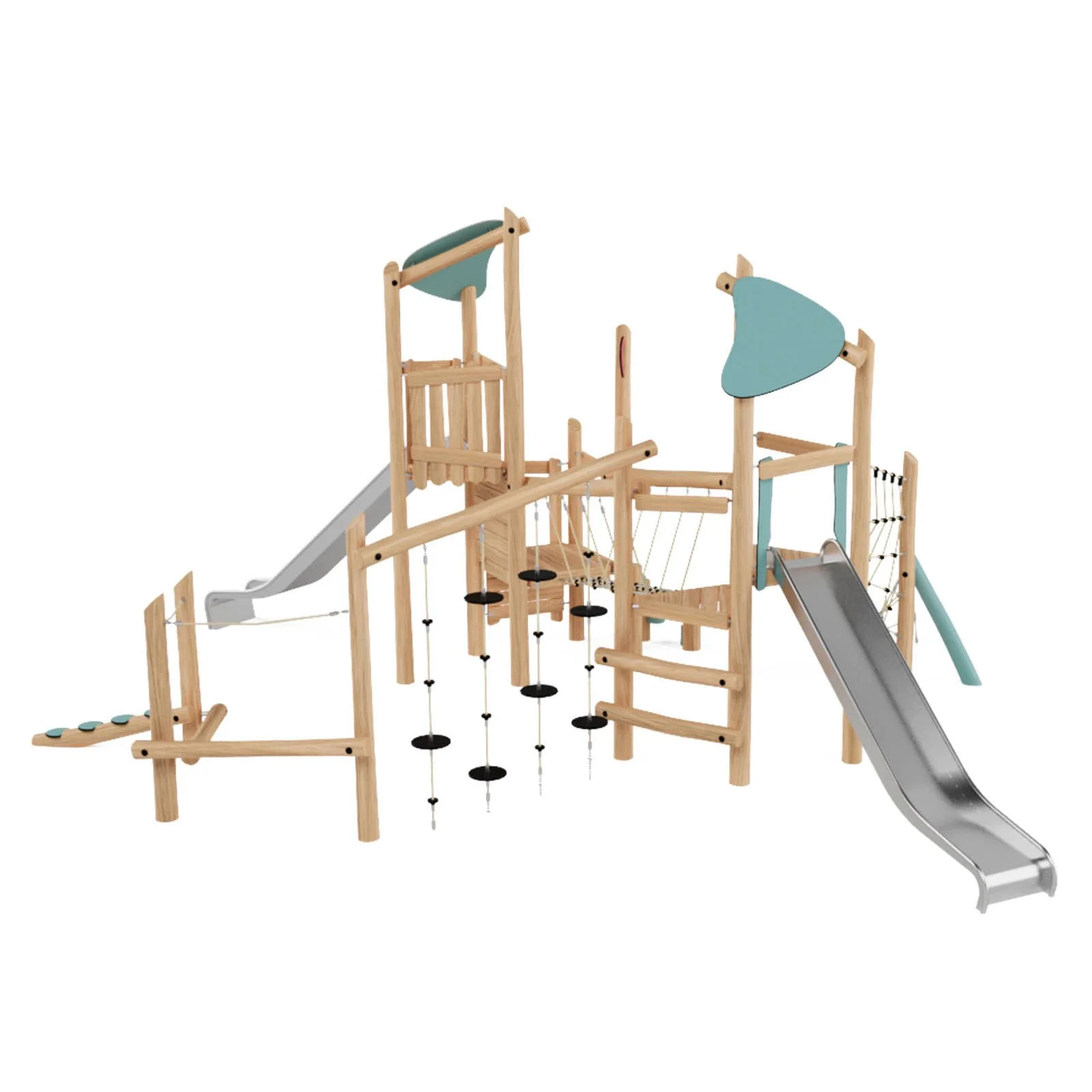 Robinio Set 4 playground structure for public areas, ages 3–14, supports up to 22 users, features rope bridge, slides and climbing elements