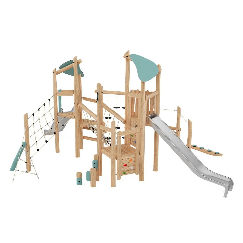 Robinio Set 4 playground structure for public areas, ages 3–14, supports up to 22 users, features rope bridge, slides and climbing elements