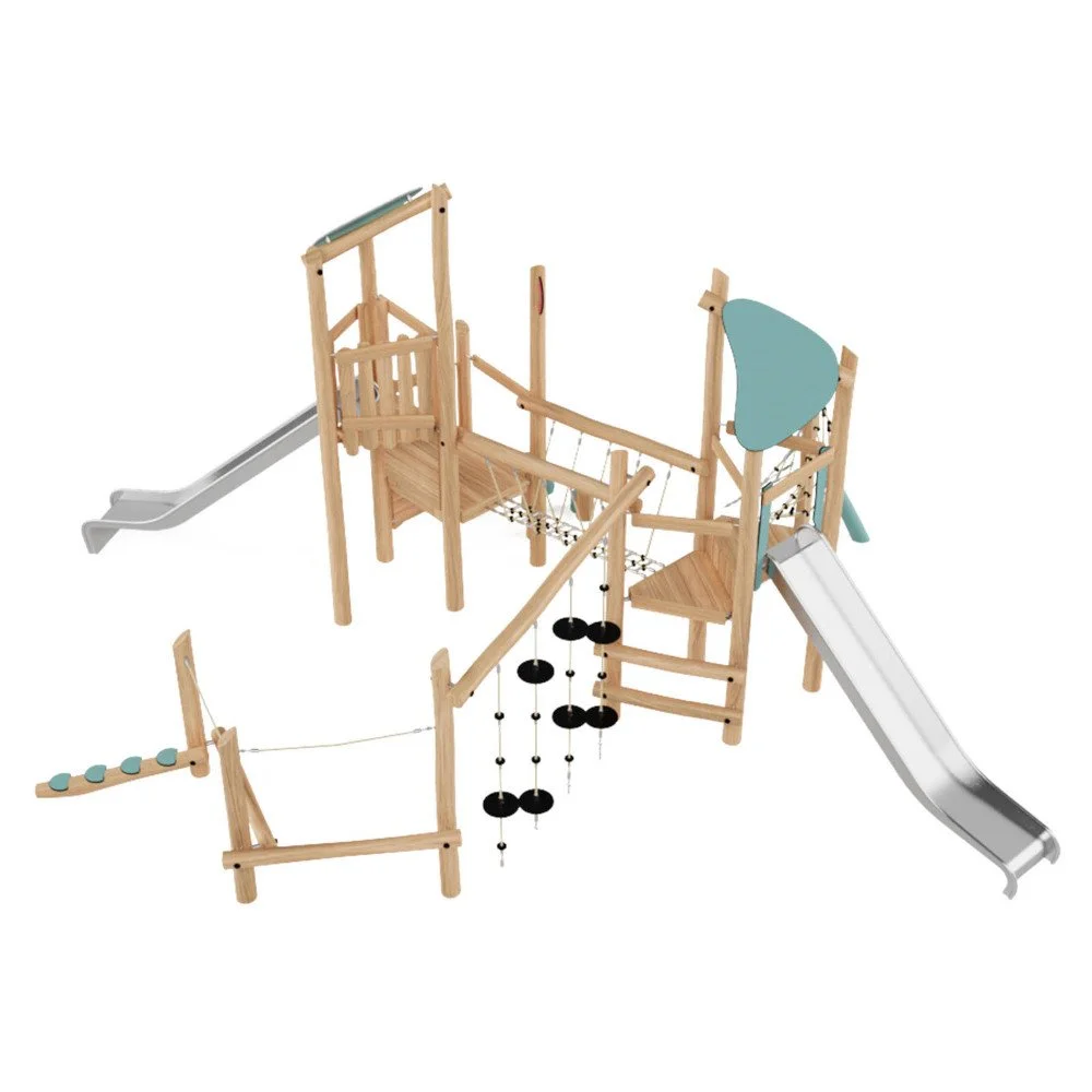 Robinio Set 4 playground structure for public areas, ages 3–14, supports up to 22 users, features rope bridge, slides and climbing elements