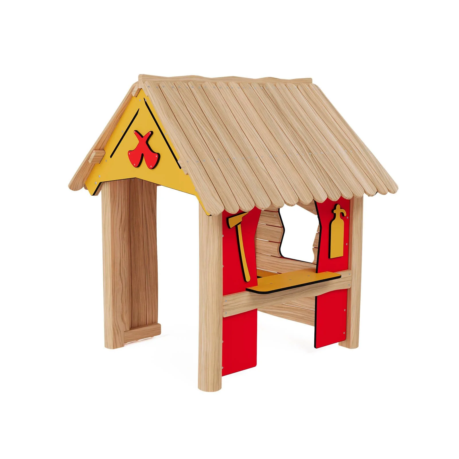 obinio Fire Station playground structure for public spaces, ages 1–6, supports role-play and teamwork, compact wooden design
