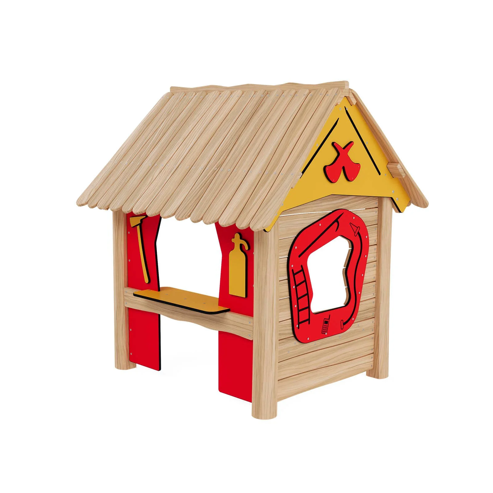 obinio Fire Station playground structure for public spaces, ages 1–6, supports role-play and teamwork, compact wooden design