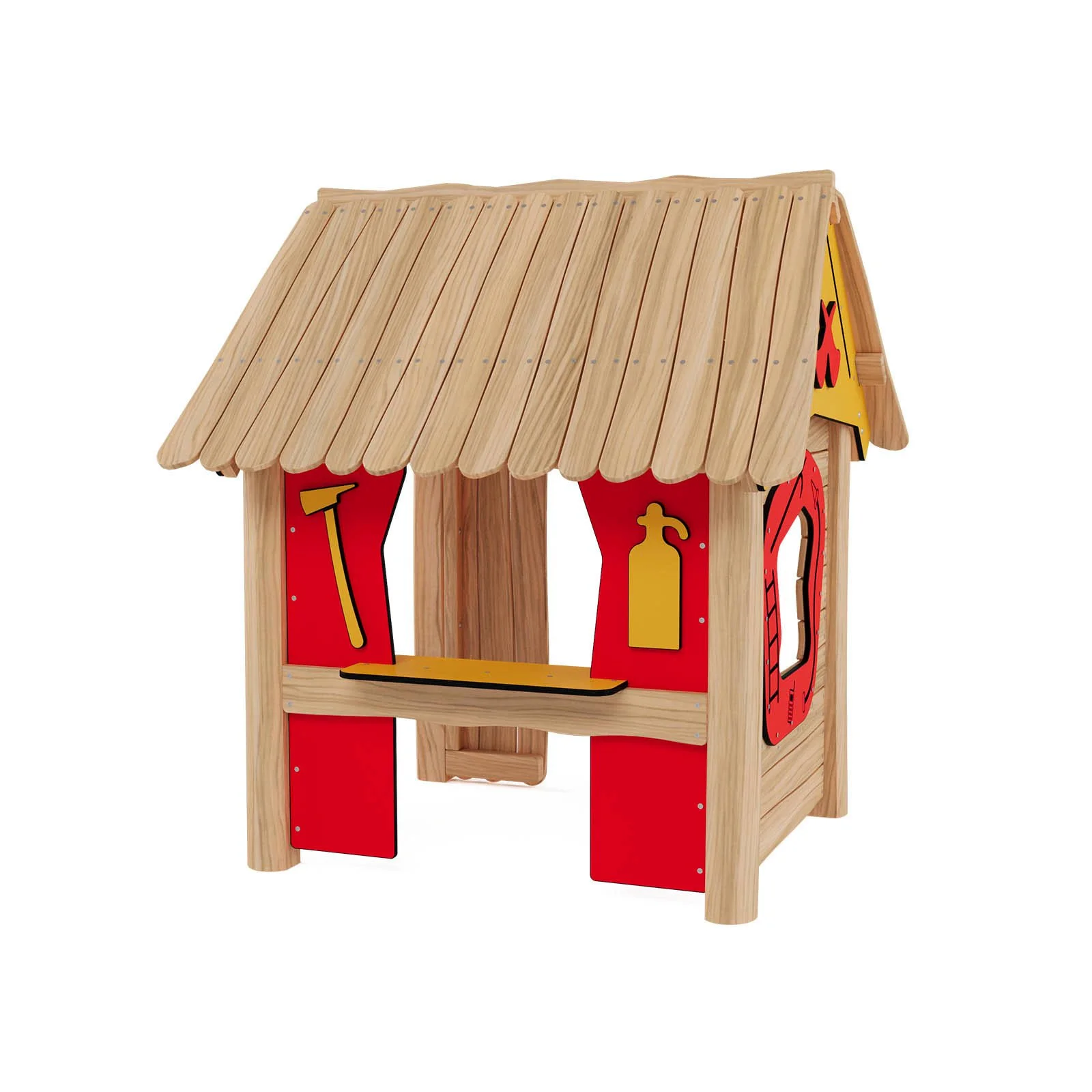 obinio Fire Station playground structure for public spaces, ages 1–6, supports role-play and teamwork, compact wooden design