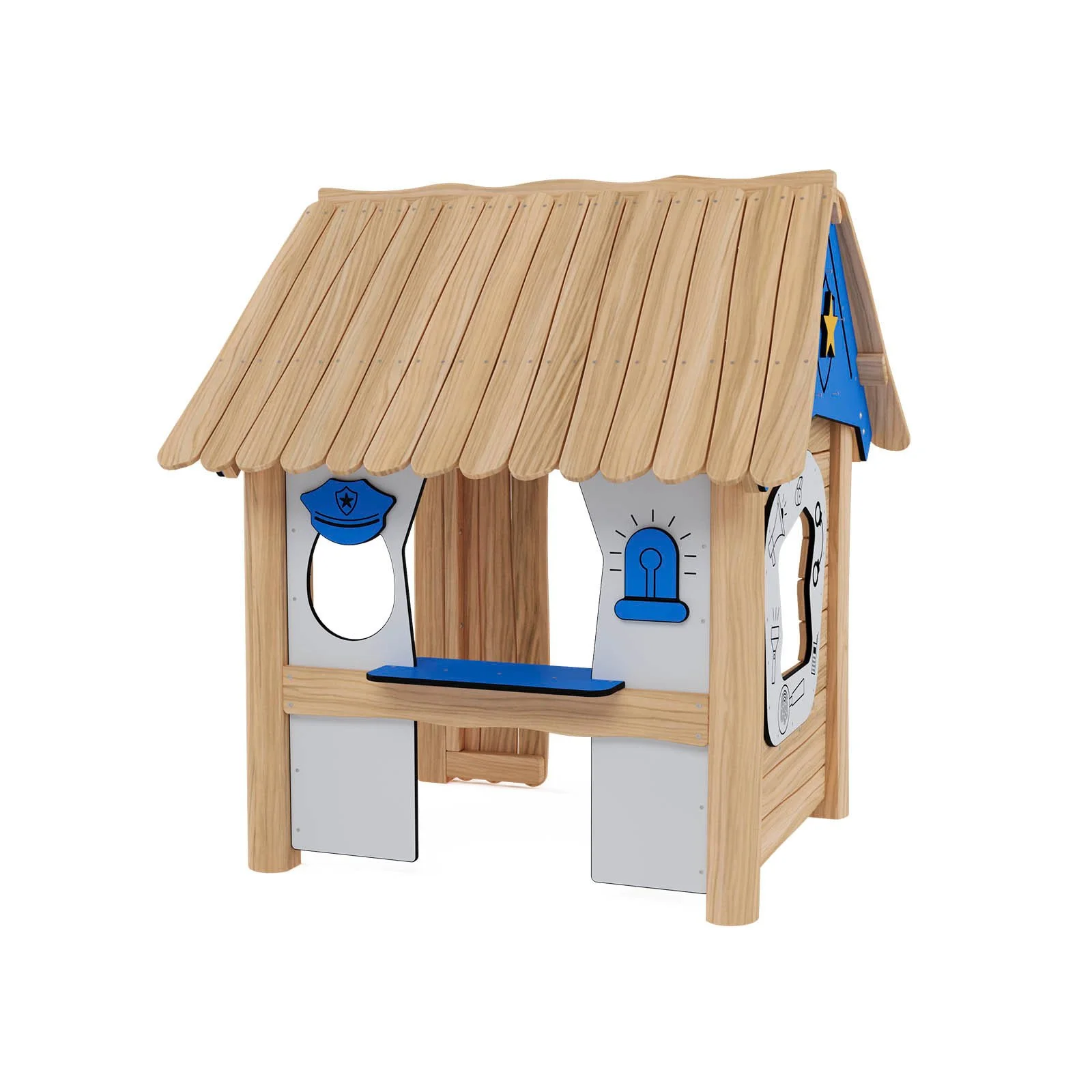 Robinio Police Playhouse playground structure for ages 1–6, designed for public spaces, supports role-play, social skills, and safety learning