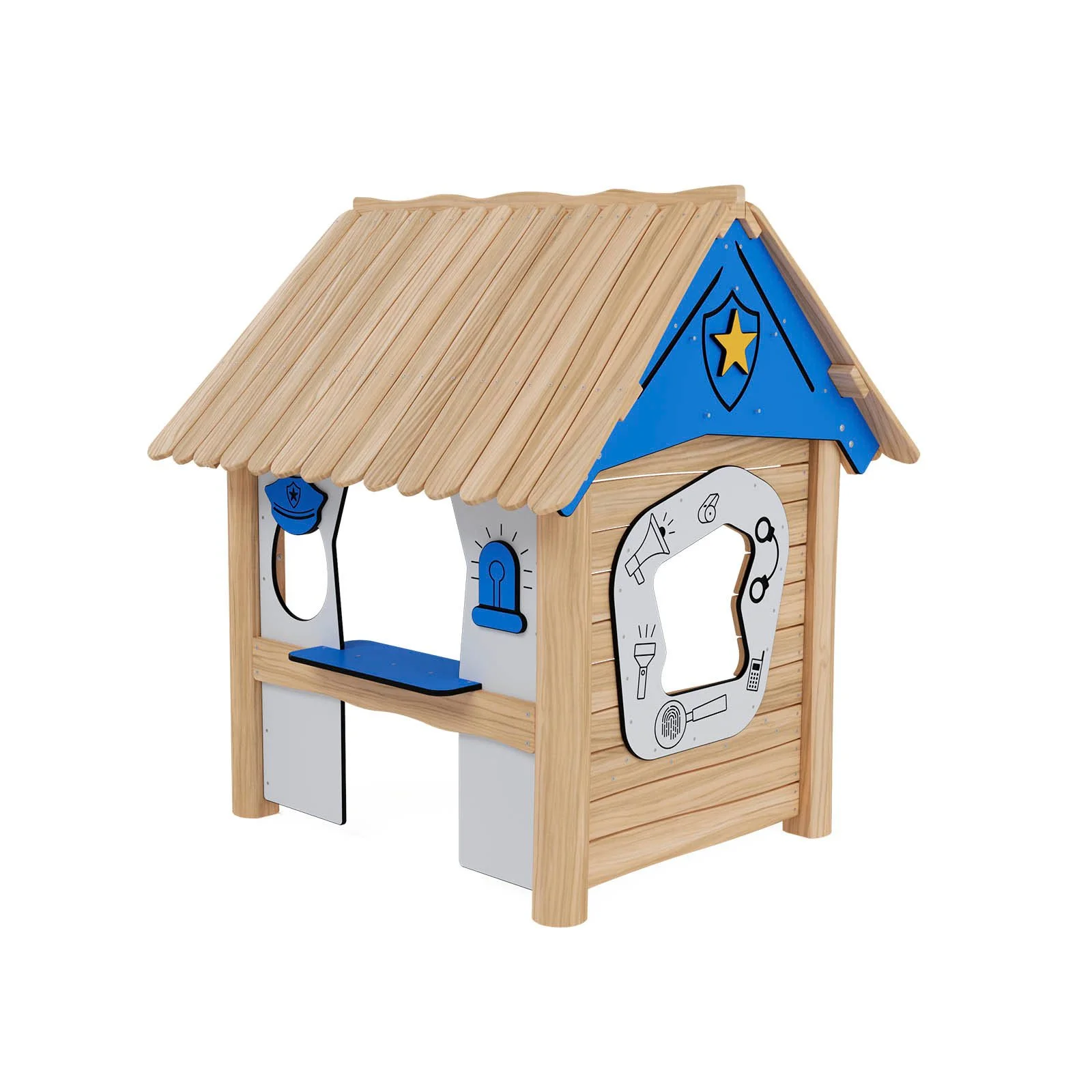 Robinio Police Playhouse playground structure for ages 1–6, designed for public spaces, supports role-play, social skills, and safety learning