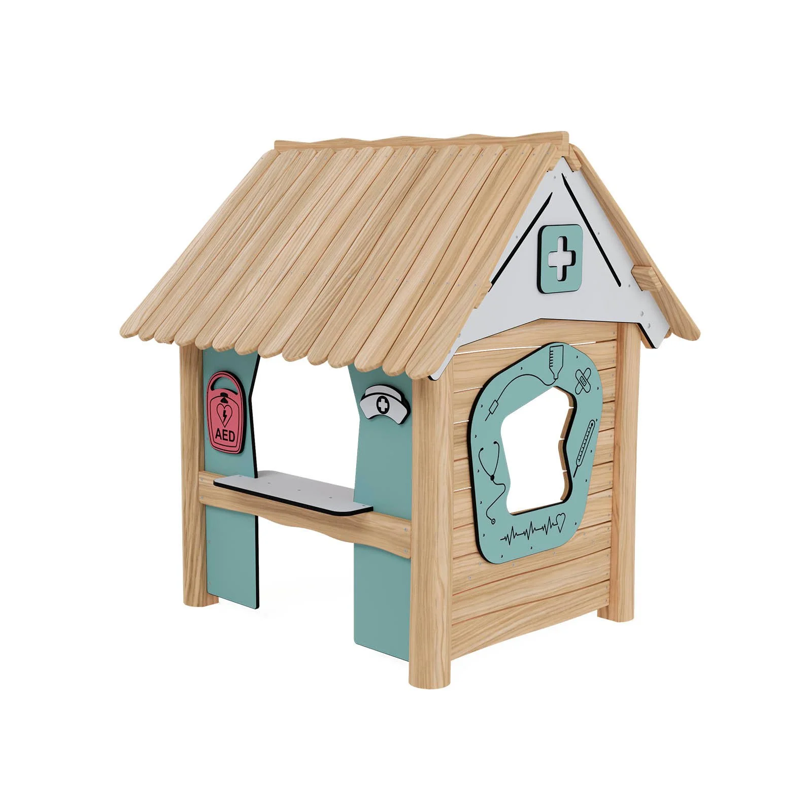 Robinio Clinic House playground structure for public spaces, ages 1–6, supports role-play and empathy development, compact wooden design