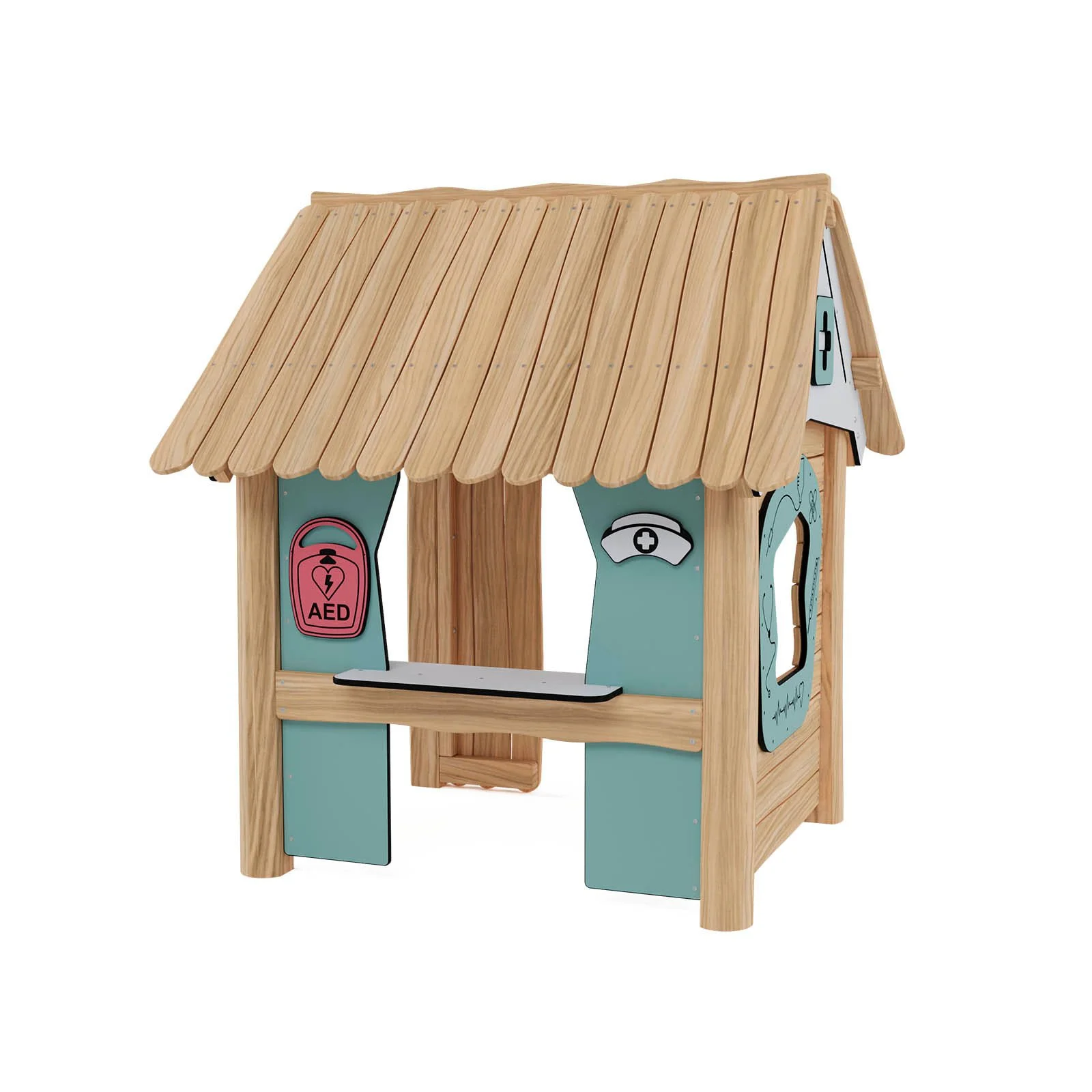 Robinio Clinic House playground structure for public spaces, ages 1–6, supports role-play and empathy development, compact wooden design