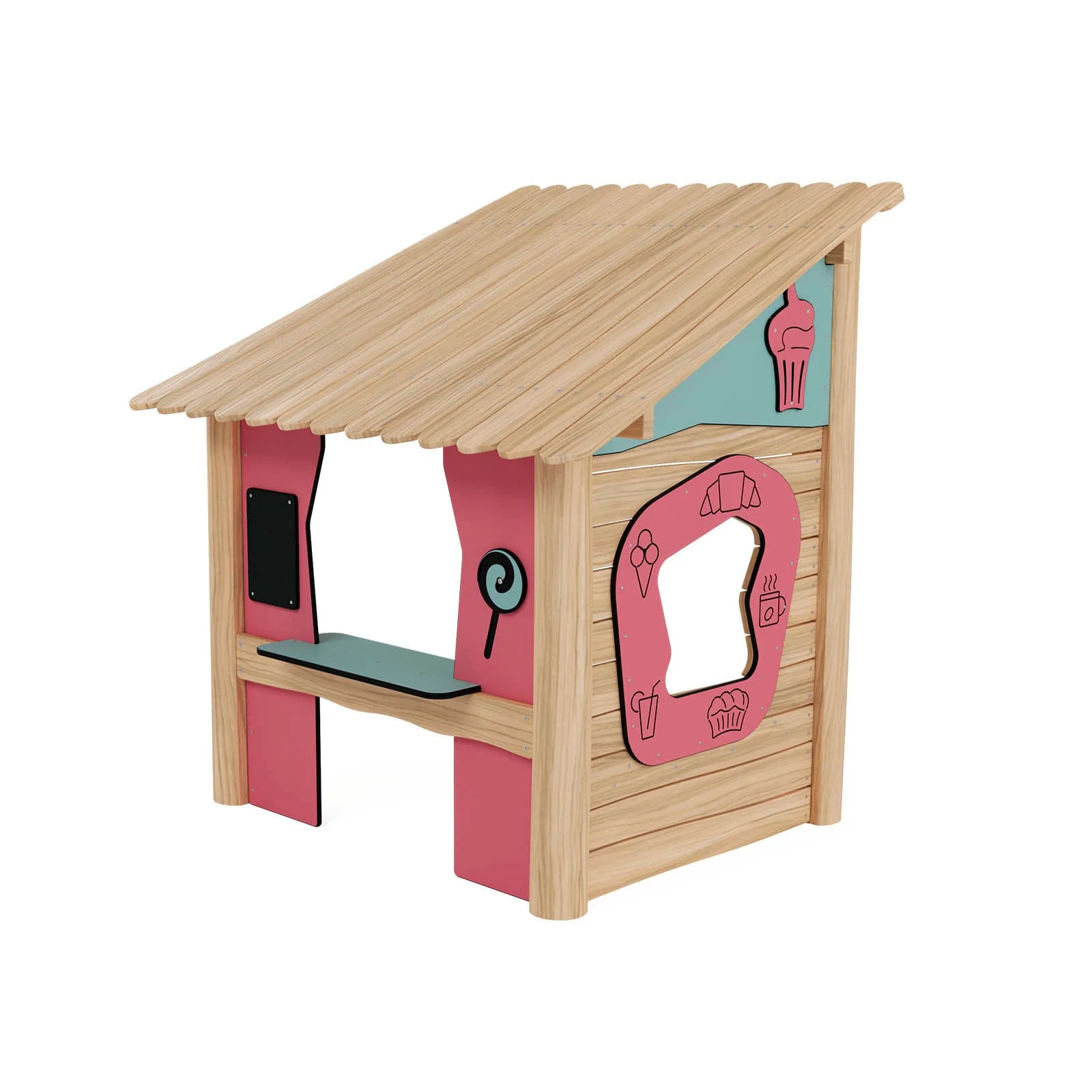 Robinio Candy Shop playground structure for public spaces, ages 1–6, supports role-play, creativity and social skills, compact wooden design