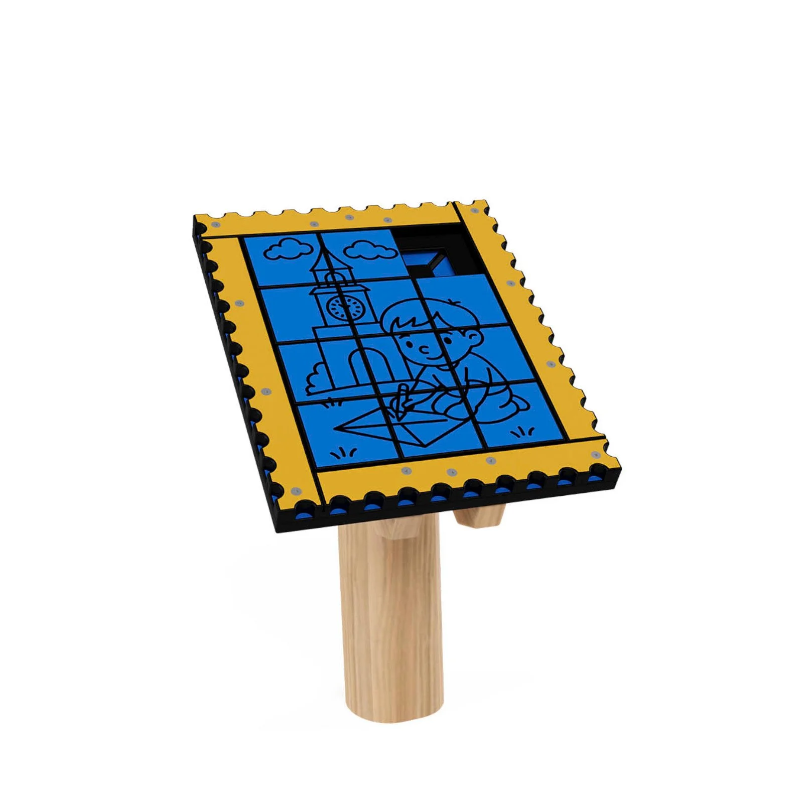 Robinio Post Puzzle playground panel for public spaces, ages 1–14, supports logic, fine motor skills and visual perception through interactive puzzle play