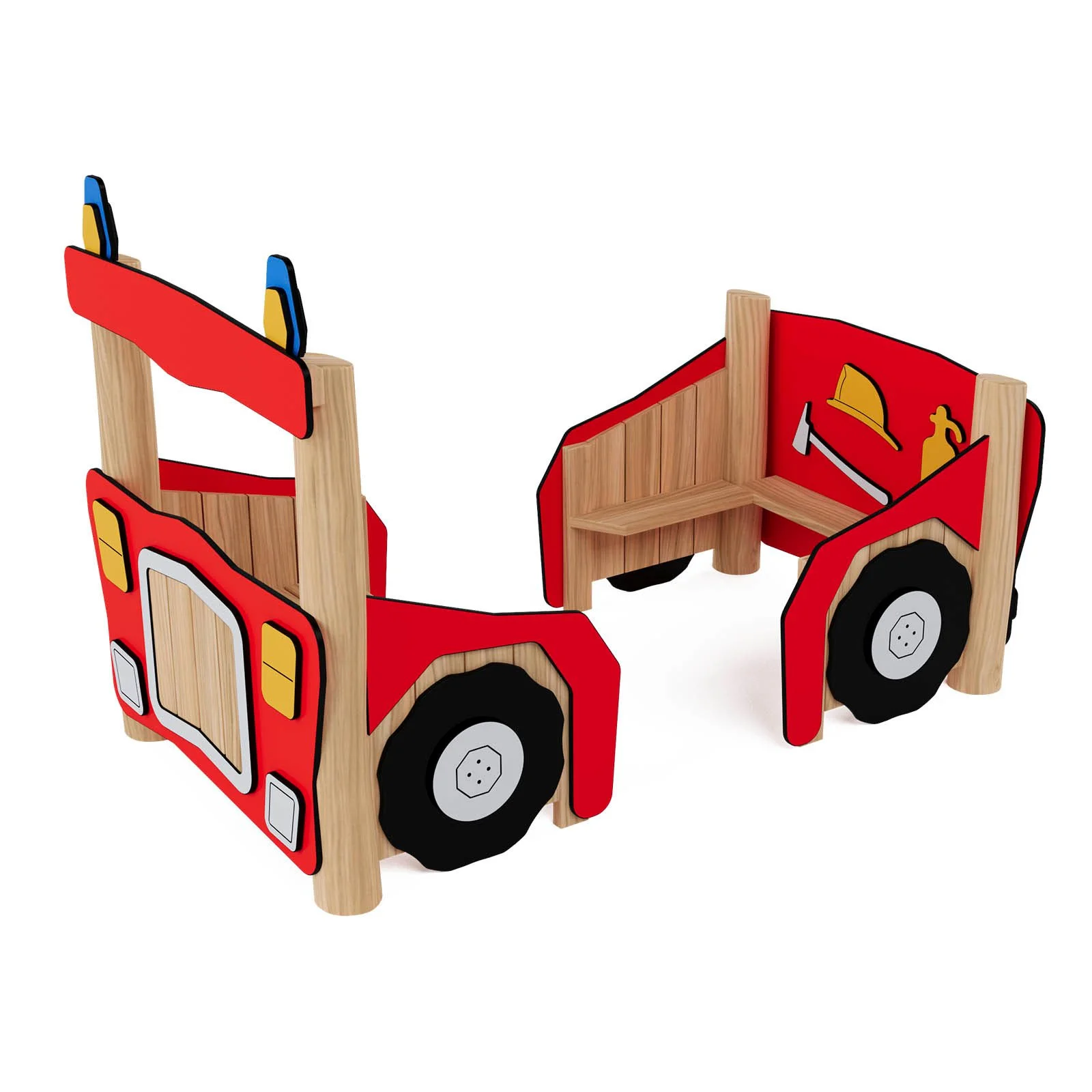 Robinio Fire Truck playground structure for public spaces, ages 1–6, supports group role-play and social interaction, robinia wood construction