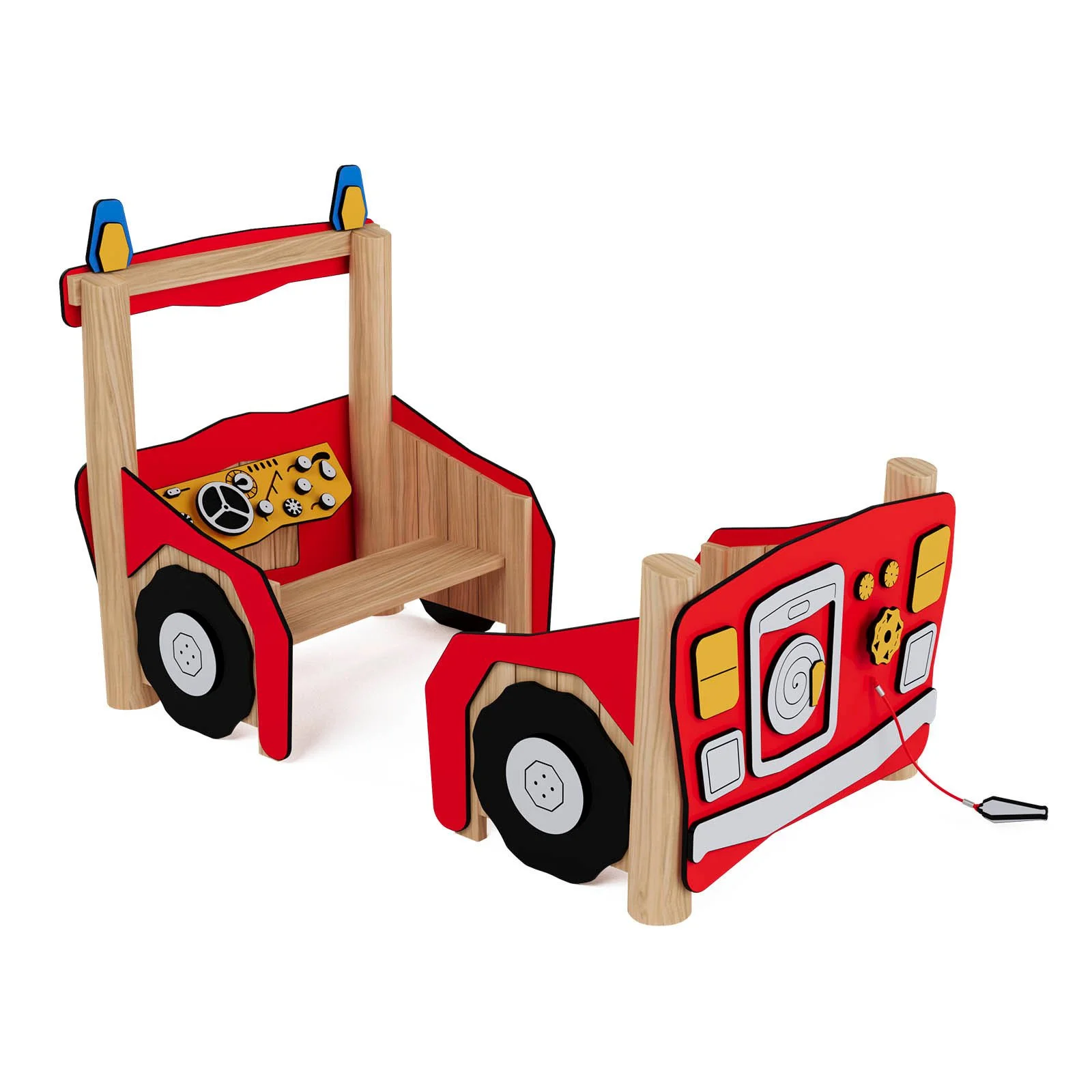 Robinio Fire Truck playground structure for public spaces, ages 1–6, supports group role-play and social interaction, robinia wood construction