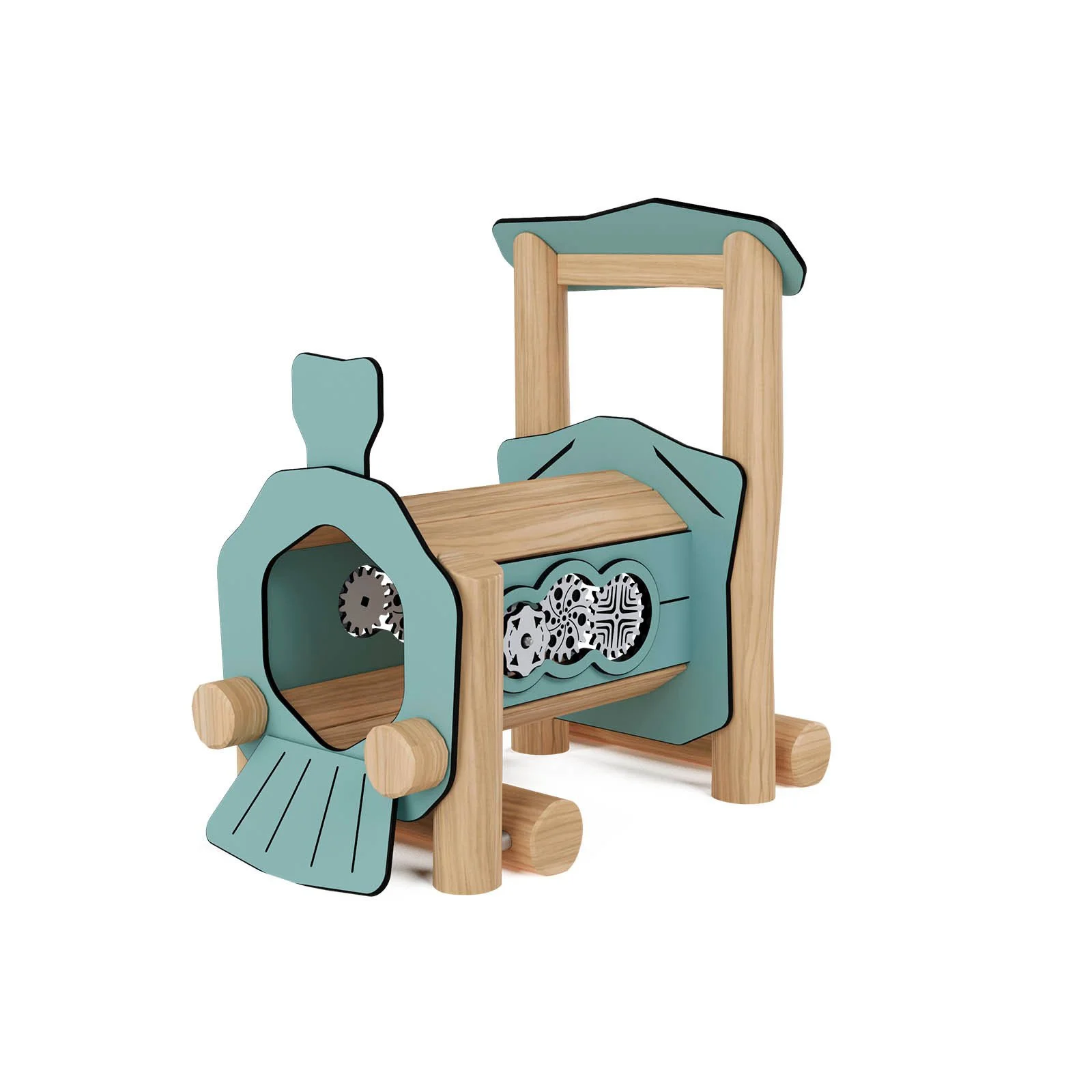 Robinio Locomotive playground structure for public spaces, ages 1–6, supports group role-play and imagination, compact wooden design