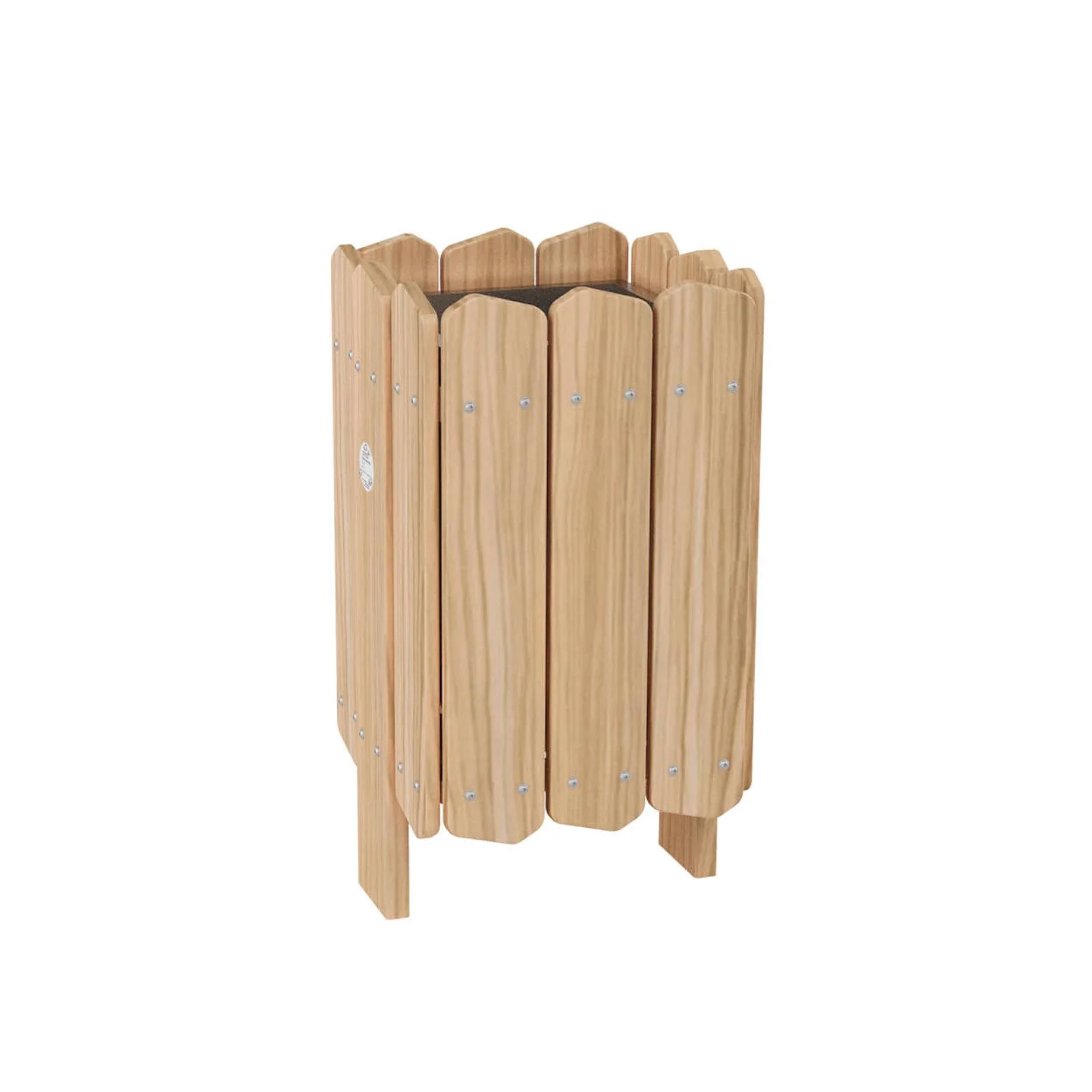 Robinio waste bin for public spaces, made of black locust wood with steel liner, designed for durability and cleanliness in parks and playgrounds.