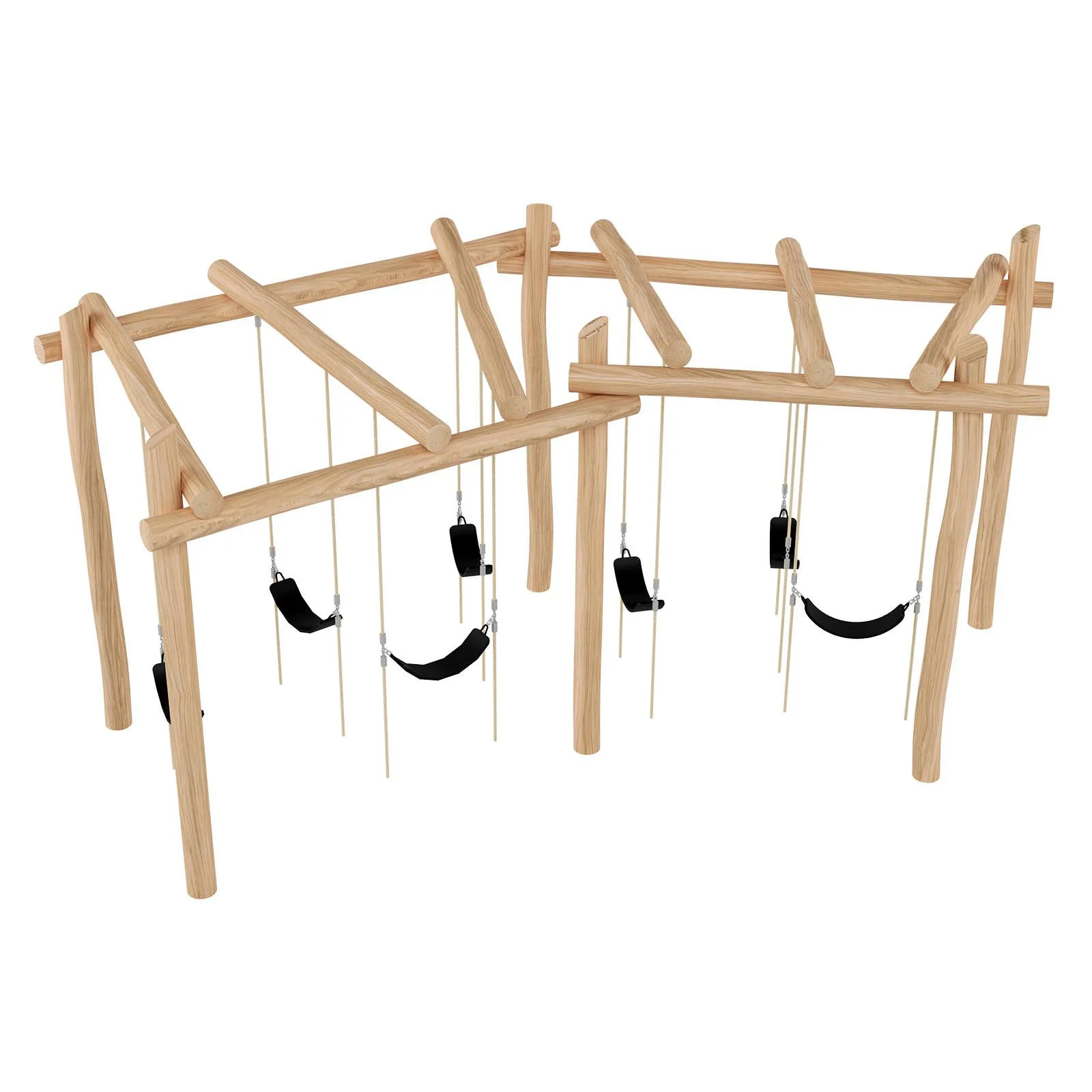 Robinio swing set for public playgrounds, ages 3–14, supports shared play and balance development, solid robinia wood structure, EN 1176 compliant.