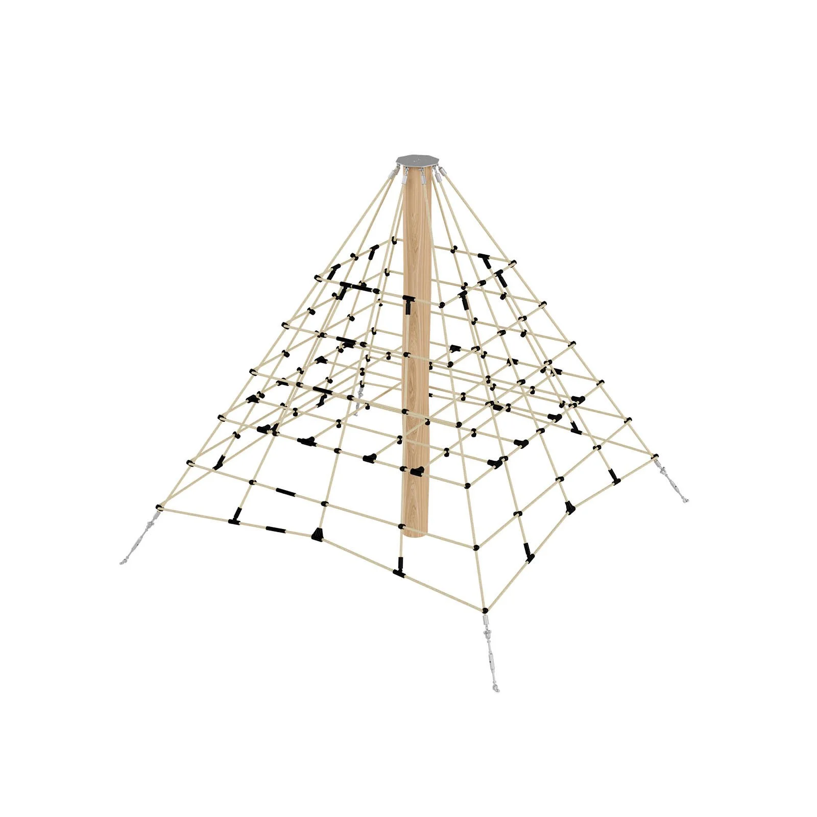 Robinio Small Rope Pyramid playground structure for public spaces, ages 3–14, supports climbing, strength and coordination, compact design, EN 1176 compliant.