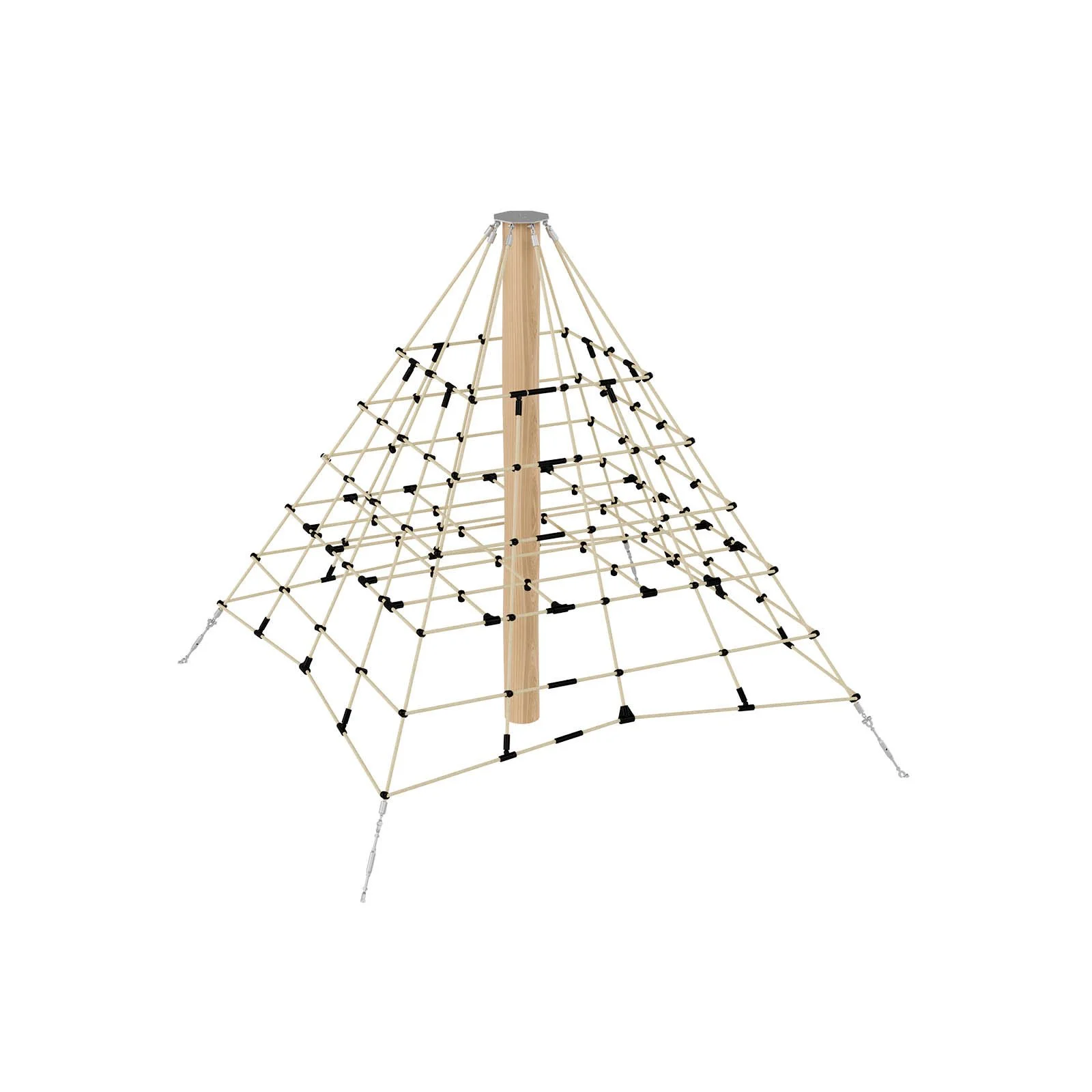 Robinio Small Rope Pyramid playground structure for public spaces, ages 3–14, supports climbing, strength and coordination, compact design, EN 1176 compliant.