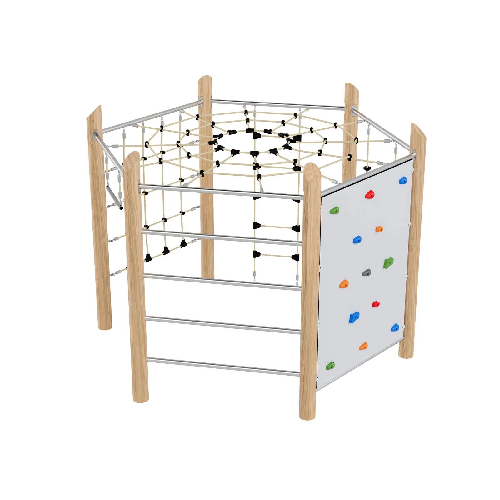 Robinio Hexagon playground structure for public spaces, ages 3–14, supports climbing, coordination and social play, multifunctional design, EN 1176 compliant.