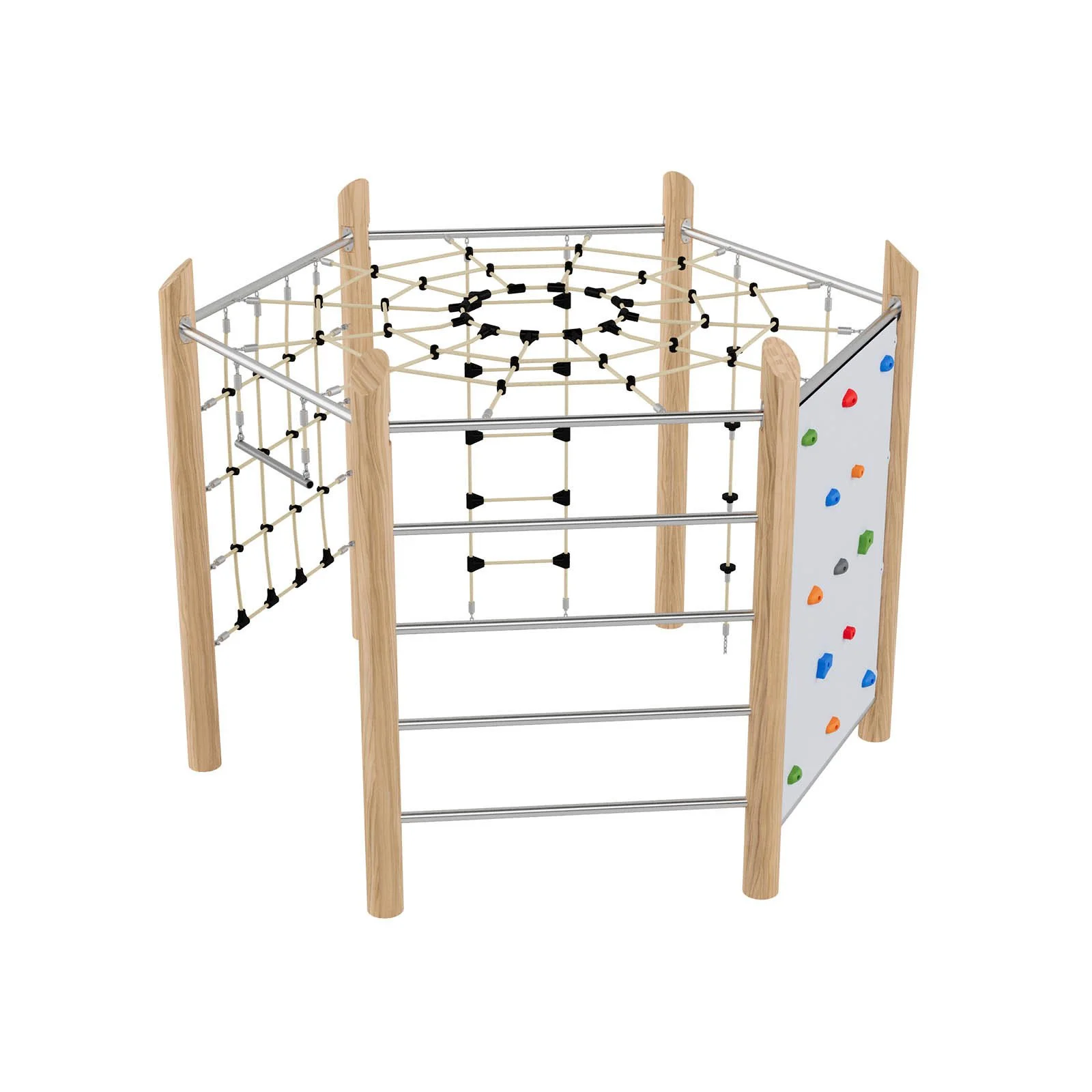 Robinio Hexagon playground structure for public spaces, ages 3–14, supports climbing, coordination and social play, multifunctional design, EN 1176 compliant.