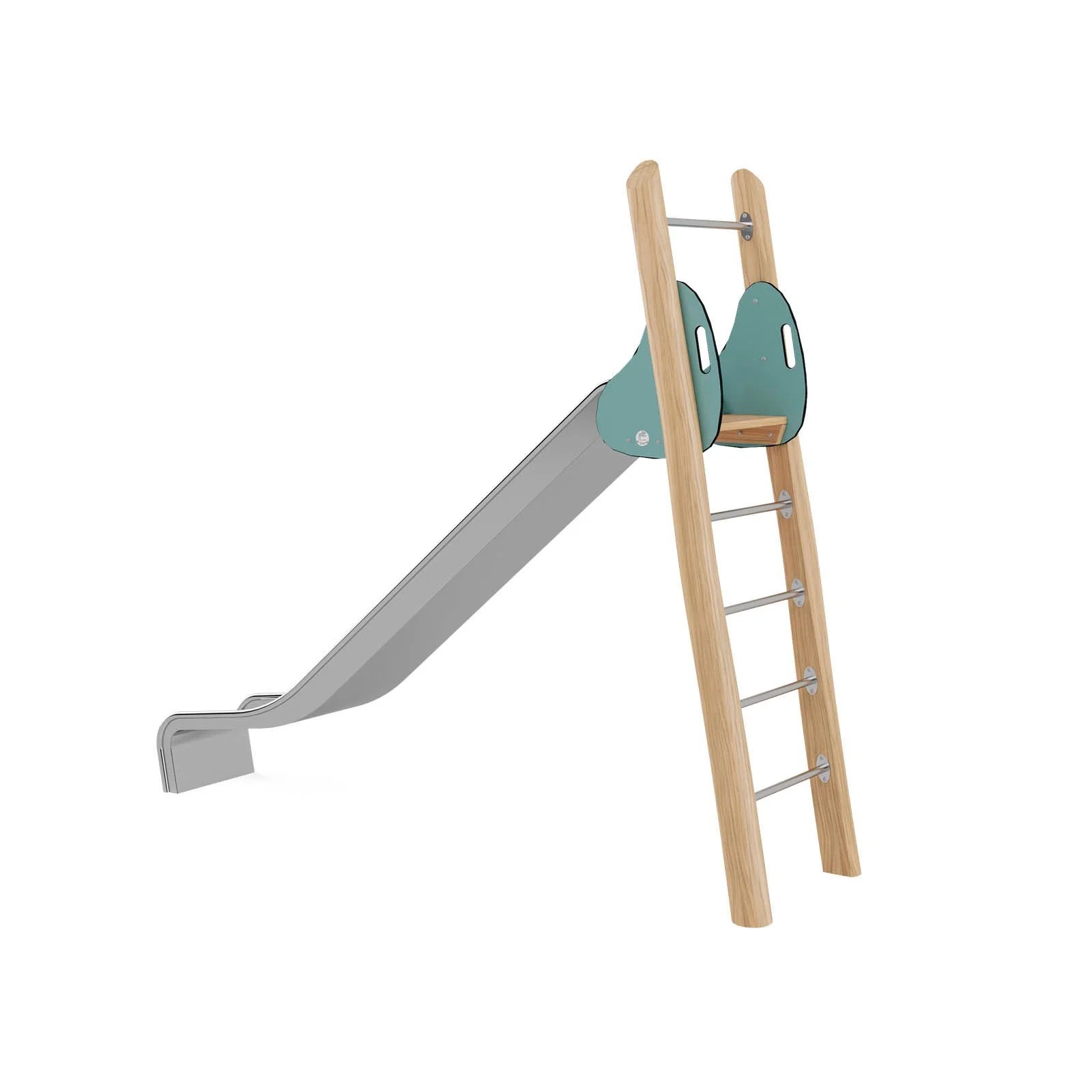 Robinio Freestanding Slide 180 playground structure for public spaces, ages 3–14, stainless steel slide, 1.8 m fall height, durable robinia wood, EN 1176 compliant.