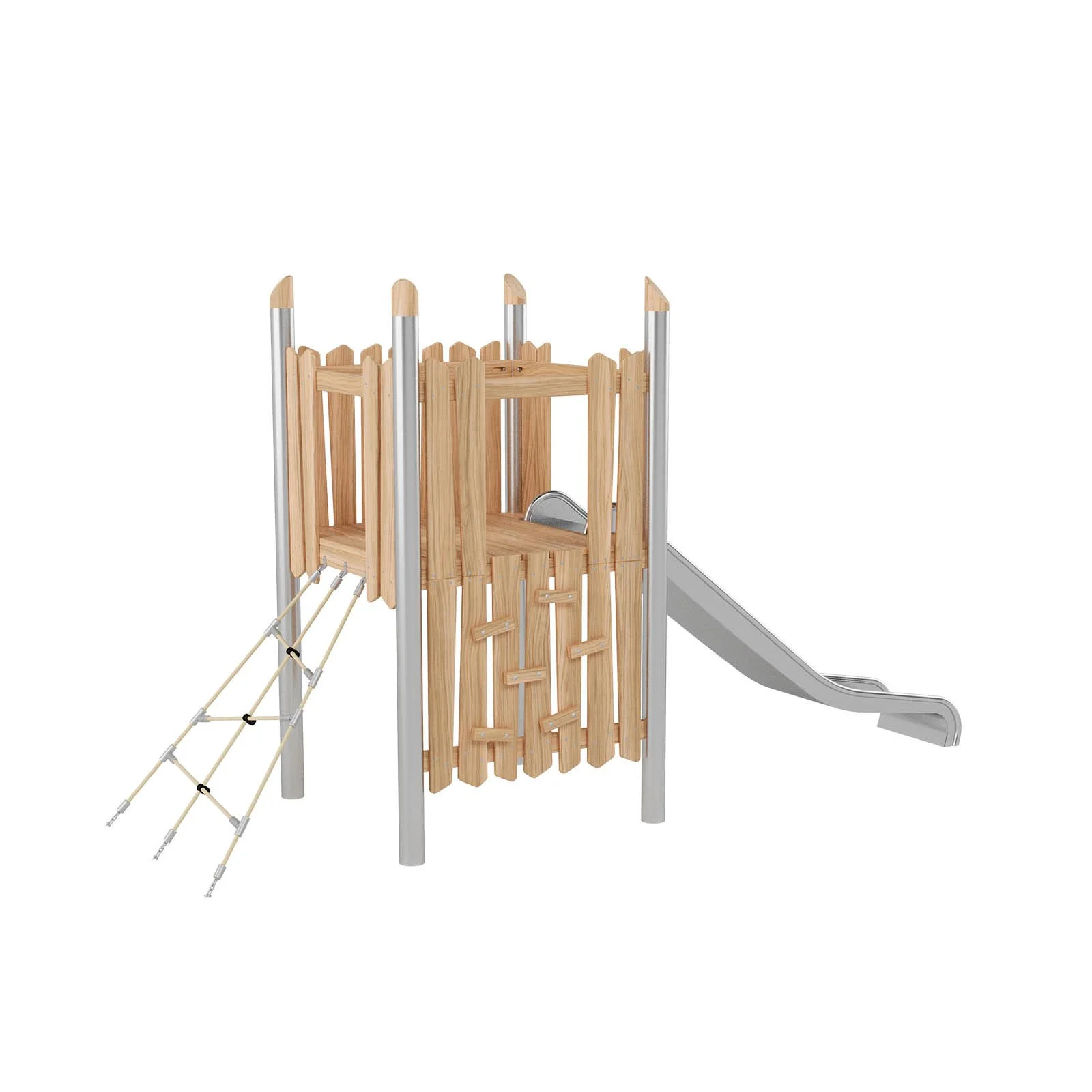 Robinio 101 playground structure for public spaces, ages 3–14, combines climbing and stainless steel slide, compact design, durable materials, EN 1176 compliant.