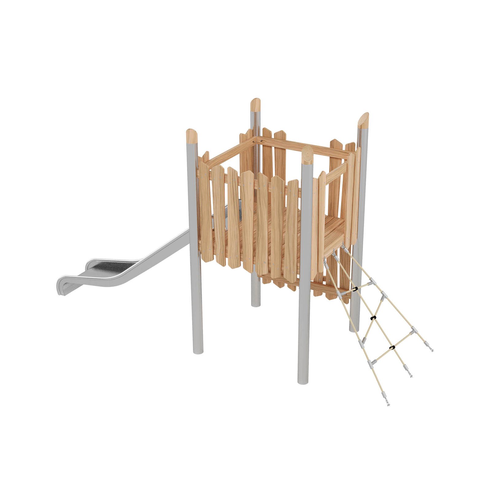 Robinio 101 playground structure for public spaces, ages 3–14, combines climbing and stainless steel slide, compact design, durable materials, EN 1176 compliant.