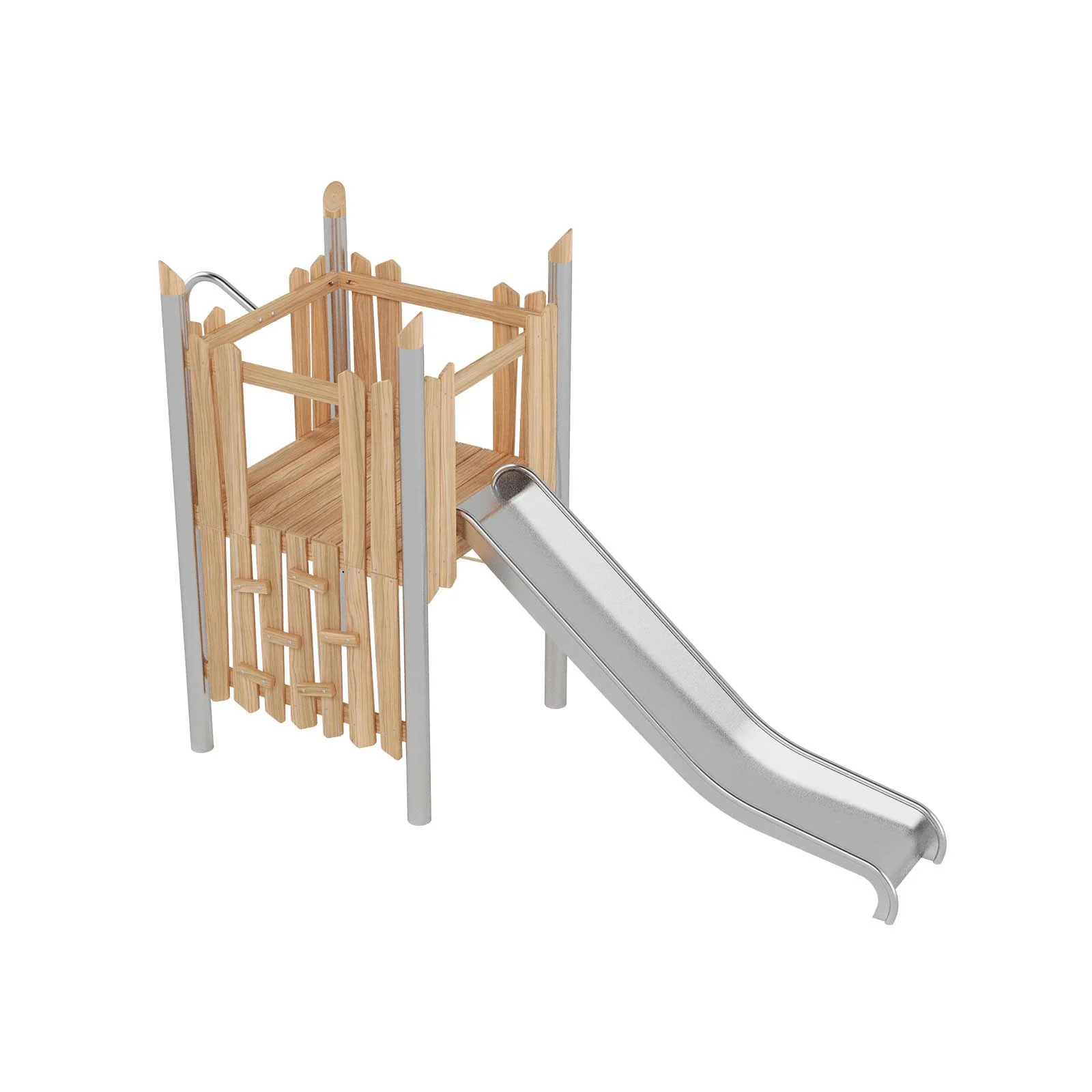 Robinio 102 playground structure for public spaces, ages 3–14, combines climbing routes and stainless steel slide, compact design, durable materials, EN 1176 compliant.